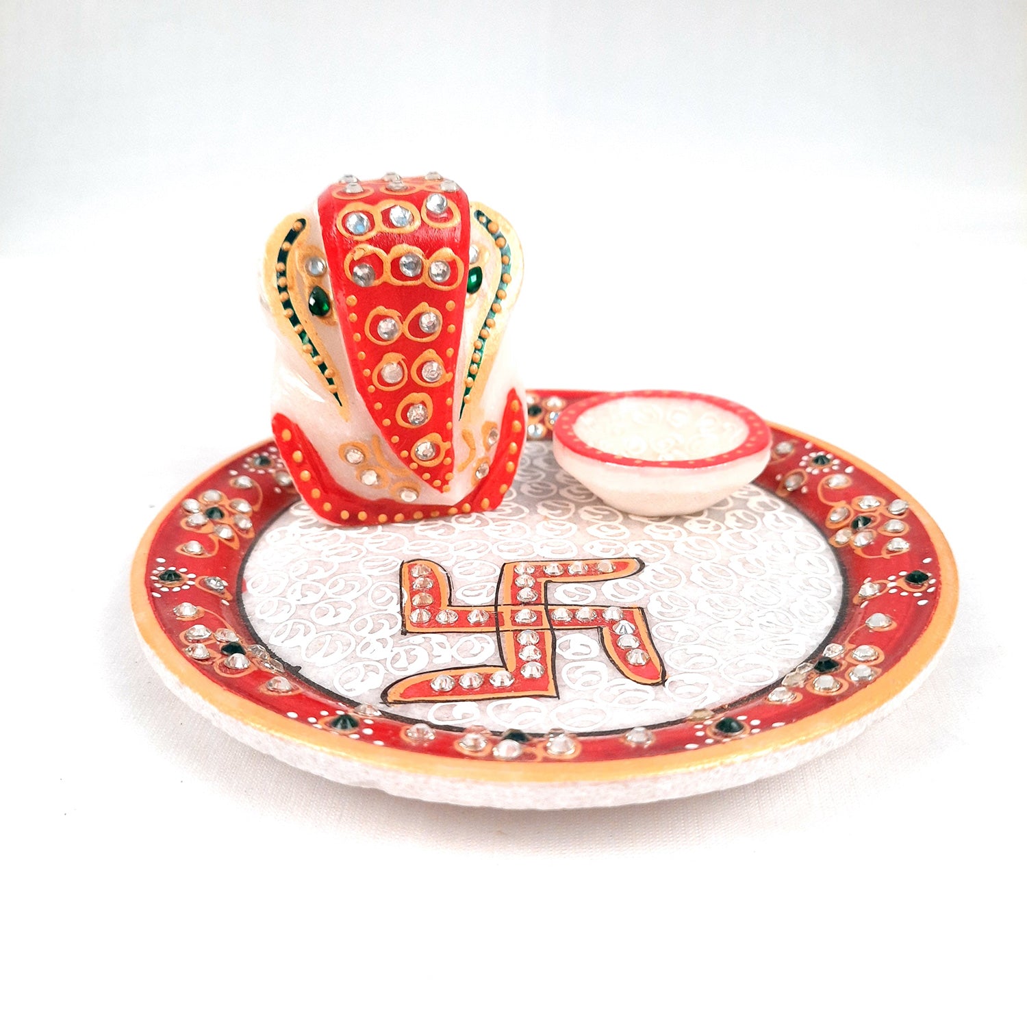 Puja Plate with Diya |Marble Pooja Thali With Heavy Om Design - For Pooja, weddings & Festivals - 6 Inch - Apkamart #Style_Design 2