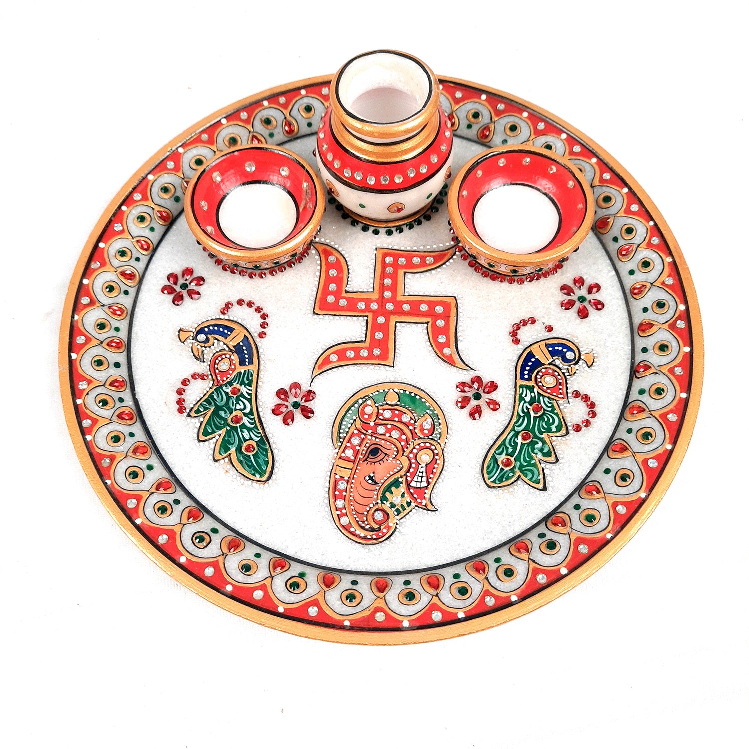 Marble Pooja Plate with Bowl, Kalash/Lota & Diya | Aarti Thali With Intricate Handwork - For Pooja, Weddings & Festivals - apkamart #Style_Design 1