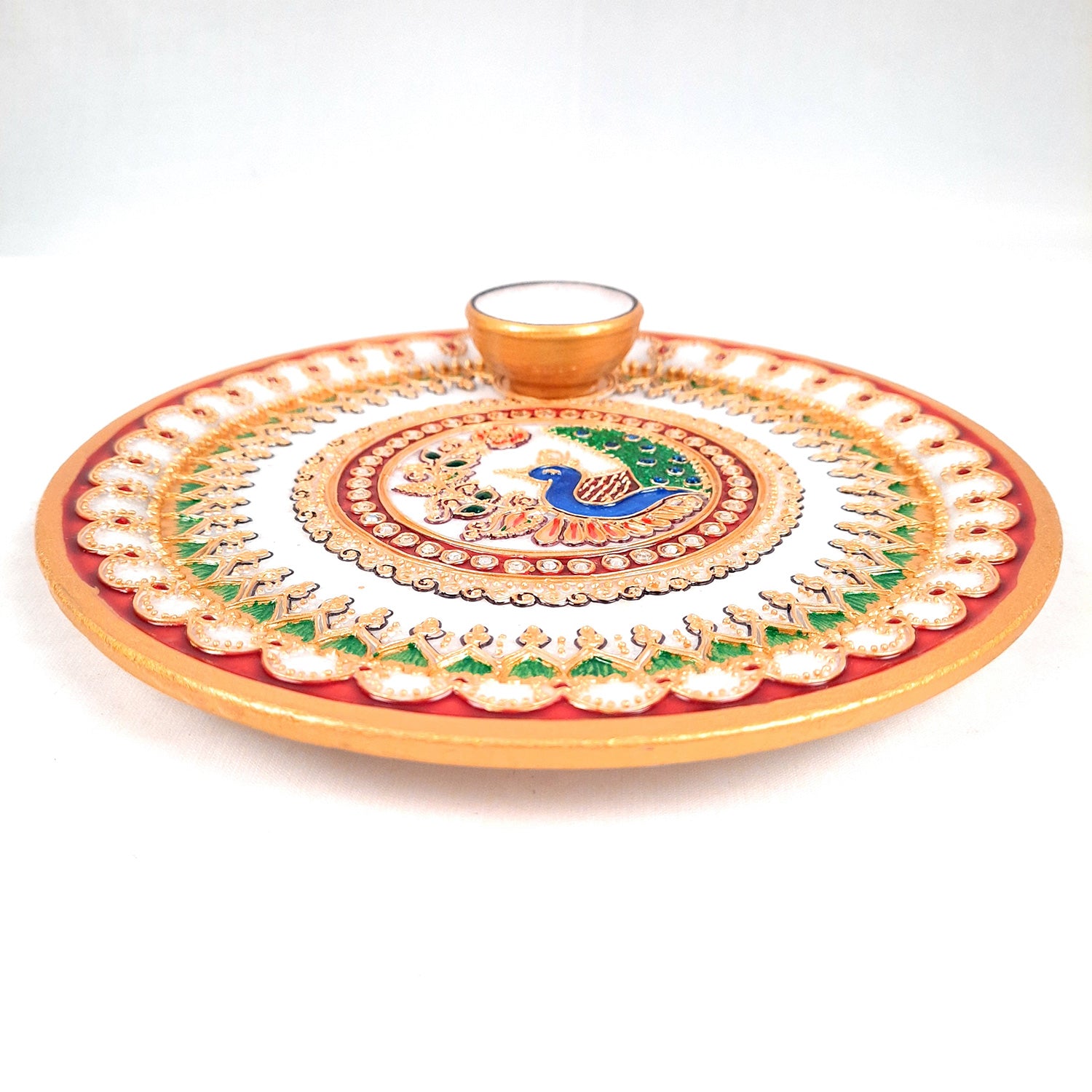 Marble Puja Thali With Diya  / Bowl | Aarti Plate With Intricate Detailing & Peacock Design - For Pooja, Weddings, Temple, Rakhi, Karwachauth & Festival Decor - 9 Inch