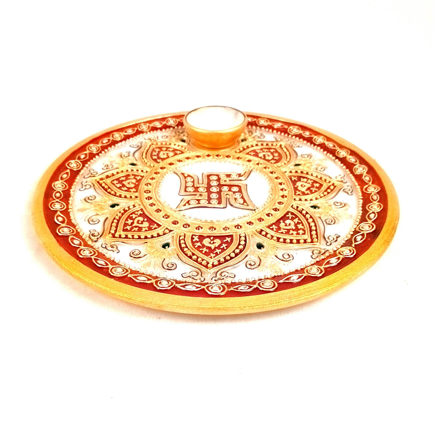 Marble Puja Thali With Diya / Bowl | Aarti Plate With Intricate Detailing & Swastik Design - For Pooja, Weddings, Temple, Rakhi, Karwachauth & Festival Decor - 9 Inch - Apkamart