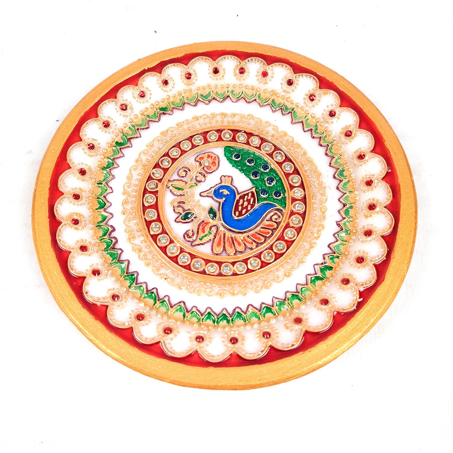 Marble Puja Thali | Aarti Plate with Intricate Detailing & Peacock Design - for Pooja, Weddings, Temple, Rakhi, Karwachauth & Festival Decor - 6 Inch