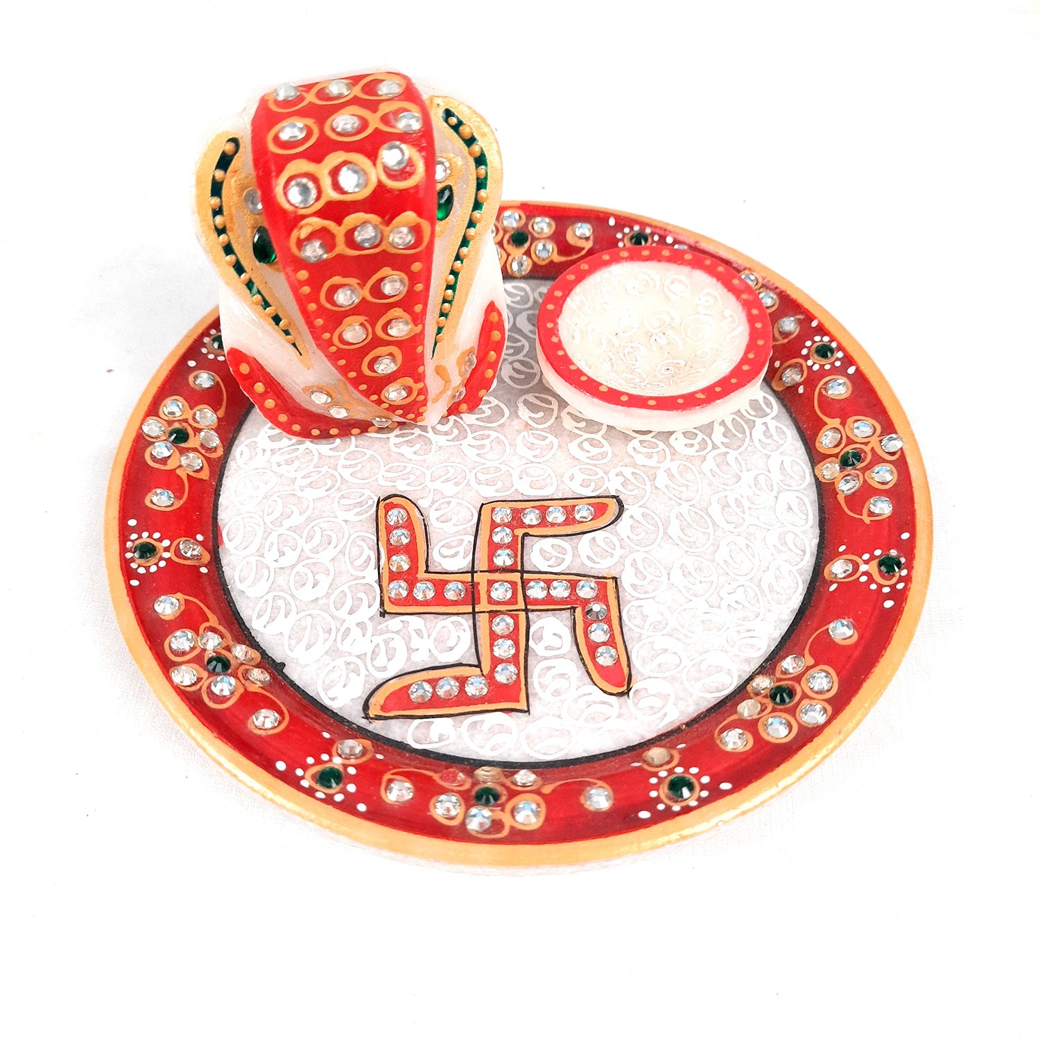 Puja Plate with Diya |Marble Pooja Thali With Heavy Om Design - For Pooja, weddings & Festivals - 6 Inch - Apkamart #Style_Design 2