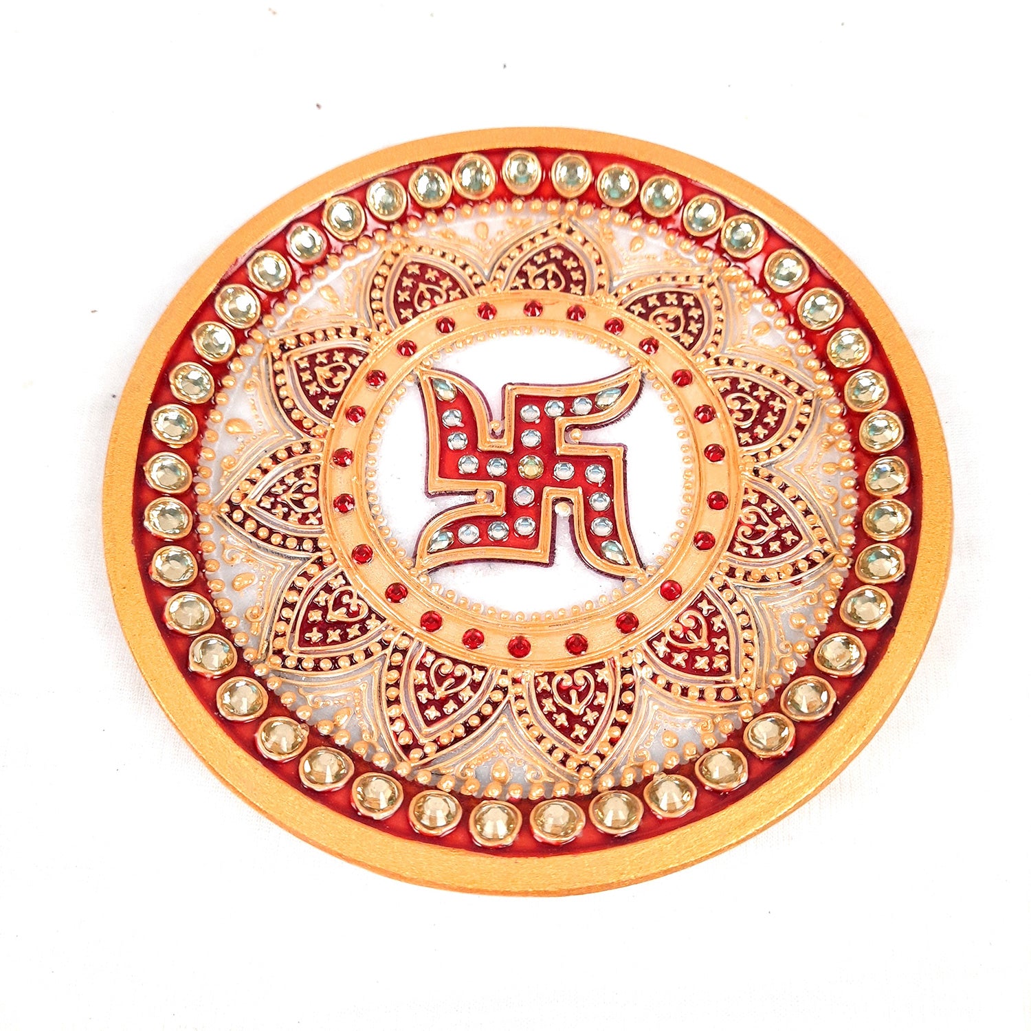 Marble Pooja Plate | Aarti Thali with Intricate Detailing & Swastik Design - for Pooja, Weddings, Temple, Rakhi, Karwachauth & Festival Decor - 6 Inch - apkamart