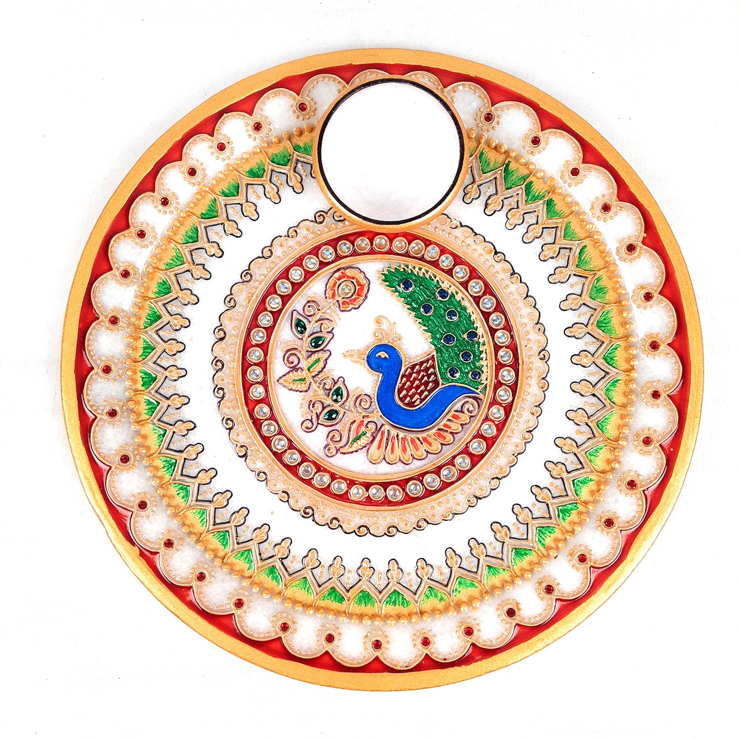 Marble Puja Thali With Diya  / Bowl | Aarti Plate With Intricate Detailing & Peacock Design - For Pooja, Weddings, Temple, Rakhi, Karwachauth & Festival Decor - 9 Inch