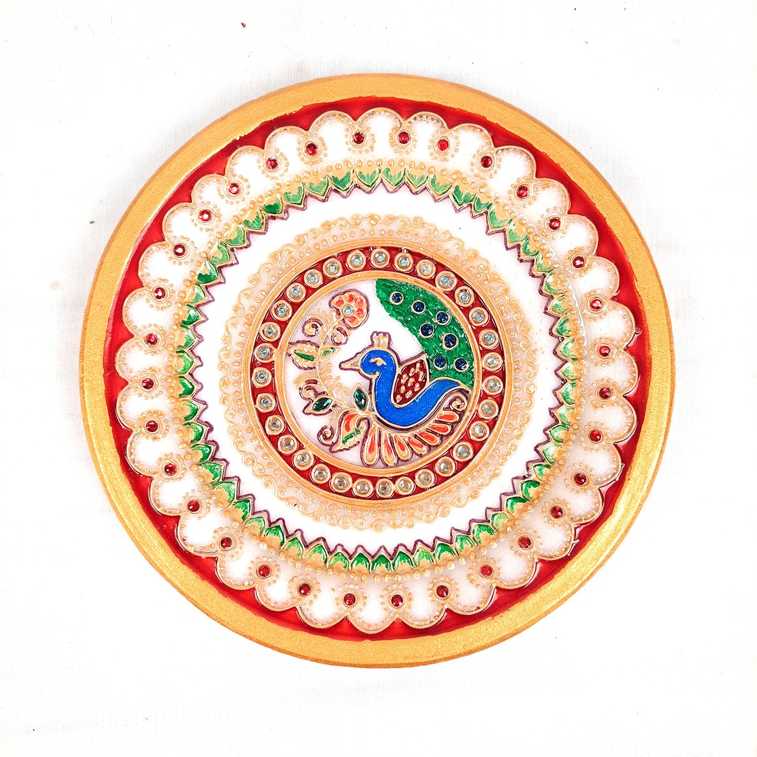 Marble Puja Thali | Aarti Plate with Intricate Detailing & Peacock Design - for Pooja, Weddings, Temple, Rakhi, Karwachauth & Festival Decor - 6 Inch