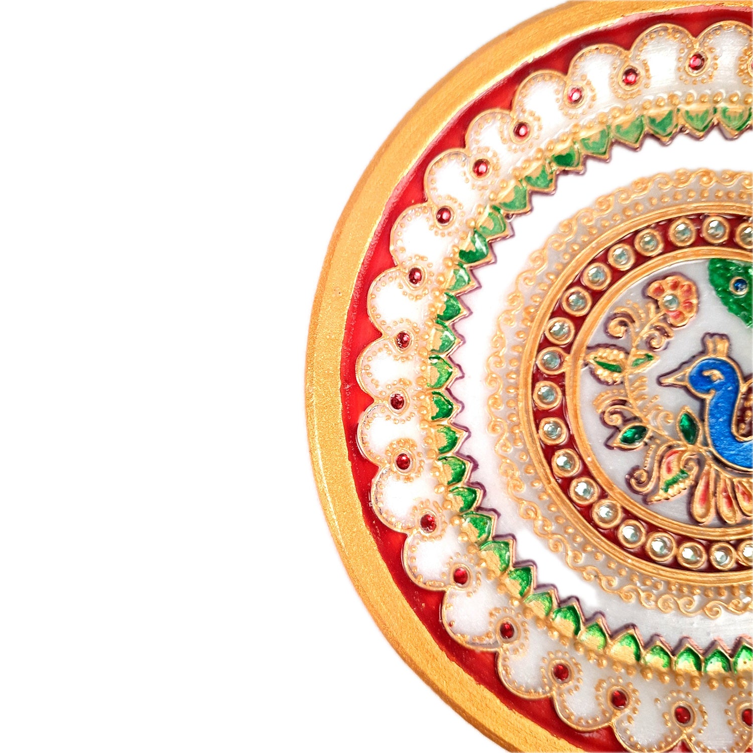 Marble Puja Thali | Aarti Plate with Intricate Detailing & Peacock Design - for Pooja, Weddings, Temple, Rakhi, Karwachauth & Festival Decor - 6 Inch