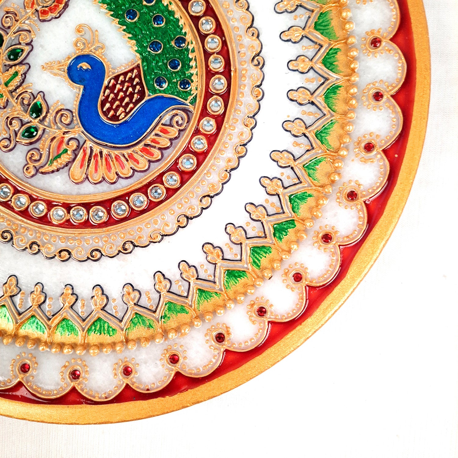 Marble Puja Thali With Diya  / Bowl | Aarti Plate With Intricate Detailing & Peacock Design - For Pooja, Weddings, Temple, Rakhi, Karwachauth & Festival Decor - 9 Inch