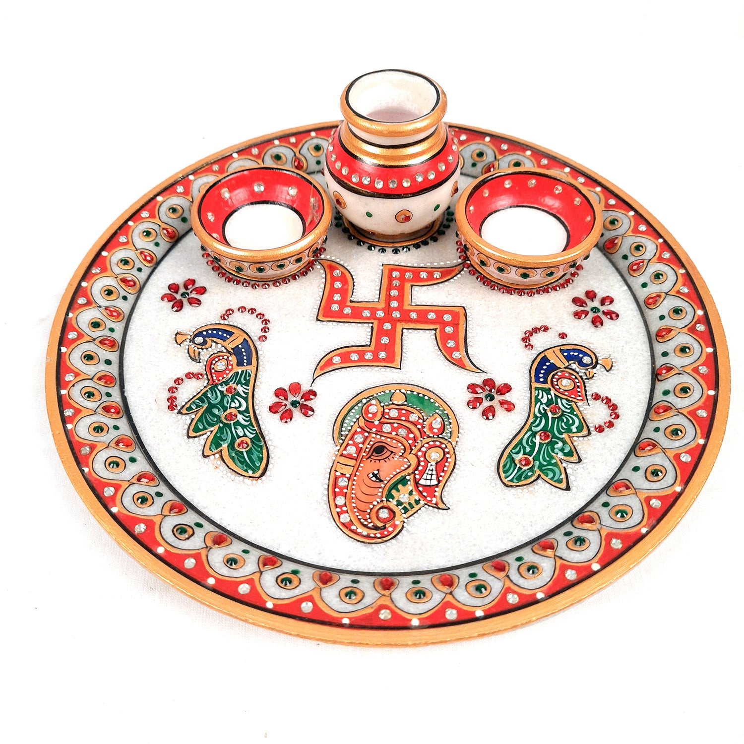 Marble Pooja Plate with Bowl, Kalash/Lota & Diya | Aarti Thali With Intricate Handwork - For Pooja, Weddings & Festivals - apkamart #Style_Design 1