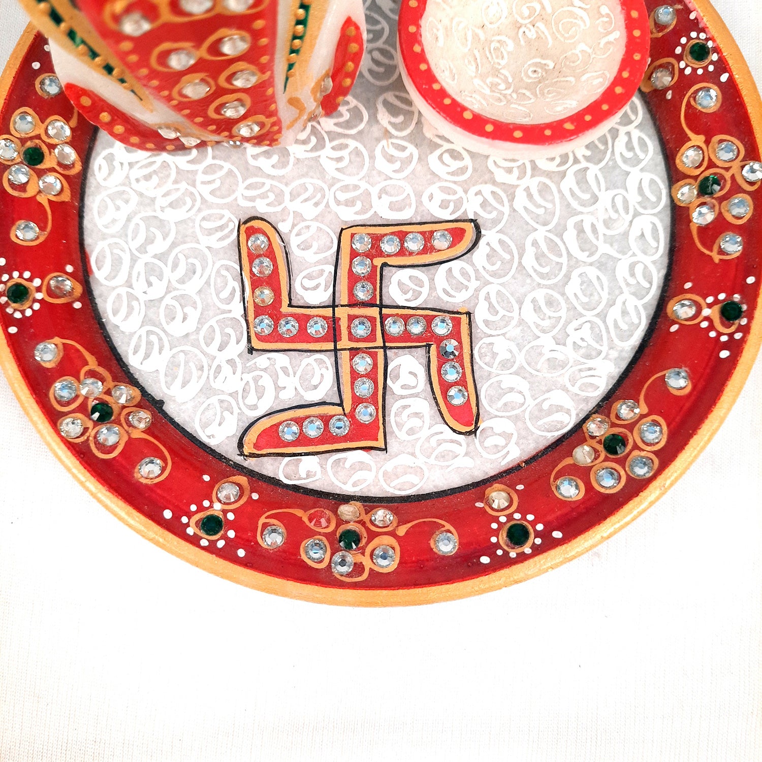 Puja Plate with Diya |Marble Pooja Thali With Heavy Om Design - For Pooja, weddings & Festivals - 6 Inch - Apkamart #Style_Design 2