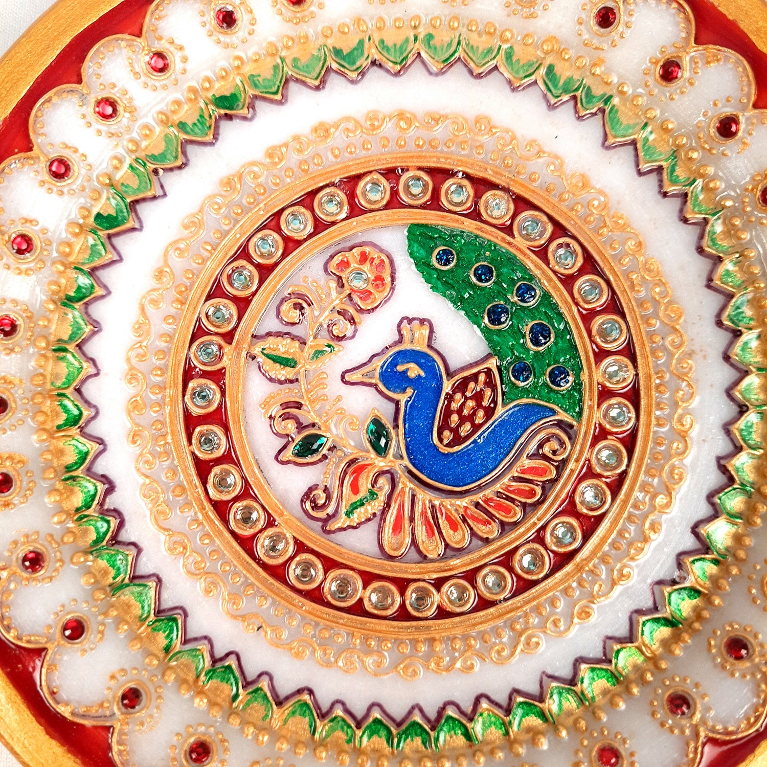 Marble Puja Thali | Aarti Plate with Intricate Detailing & Peacock Design - for Pooja, Weddings, Temple, Rakhi, Karwachauth & Festival Decor - 6 Inch