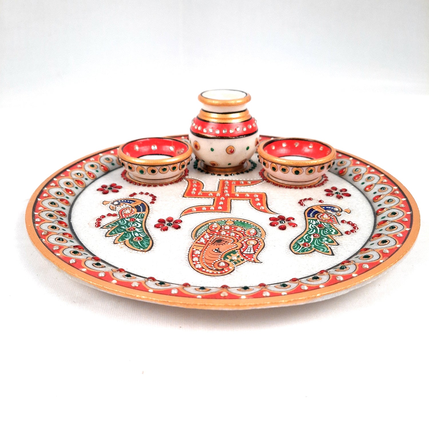 Marble Pooja Plate with Bowl, Kalash/Lota & Diya | Aarti Thali With Intricate Handwork - For Pooja, Weddings & Festivals - apkamart #Style_Design 1