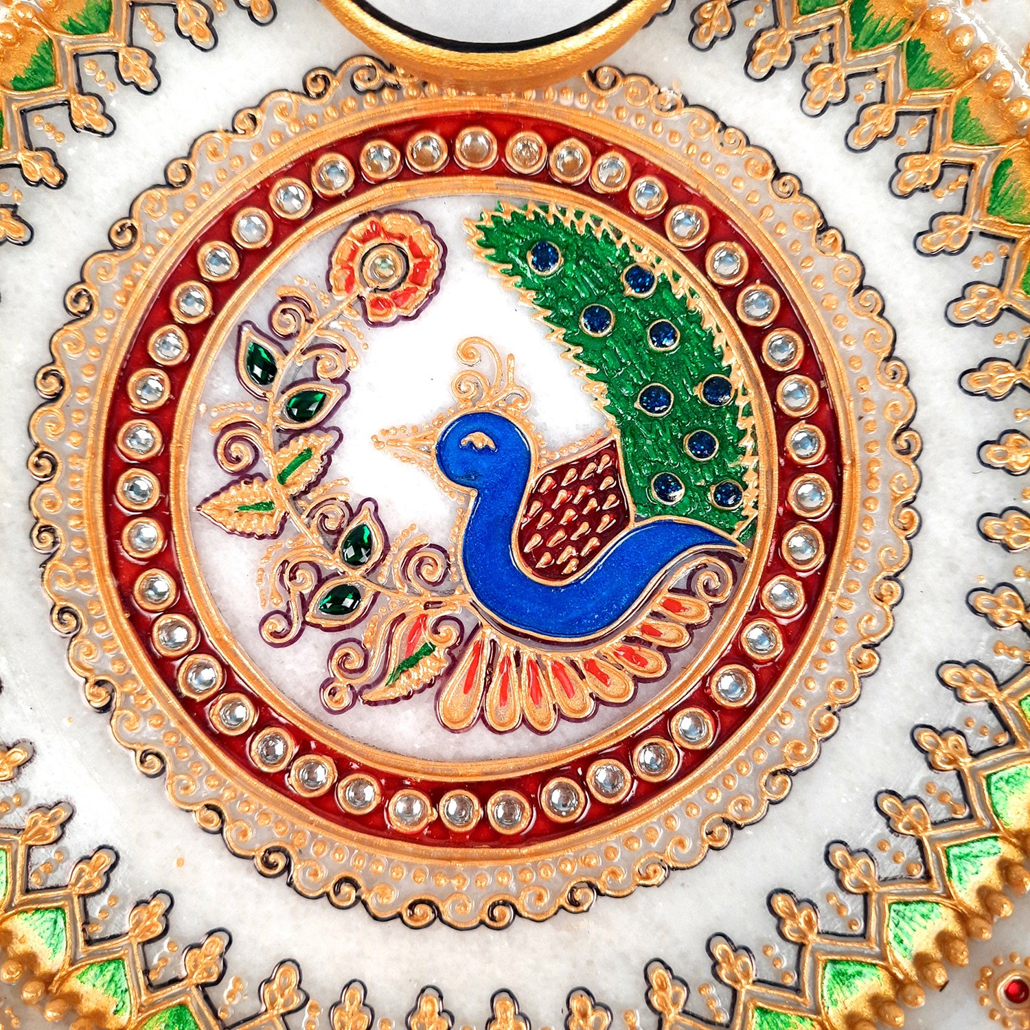 Marble Puja Thali With Diya  / Bowl | Aarti Plate With Intricate Detailing & Peacock Design - For Pooja, Weddings, Temple, Rakhi, Karwachauth & Festival Decor - 9 Inch