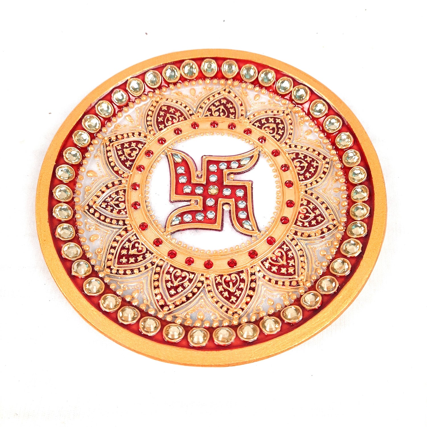 Marble Pooja Plate | Aarti Thali with Intricate Detailing & Swastik Design - for Pooja, Weddings, Temple, Rakhi, Karwachauth & Festival Decor - 6 Inch - apkamart