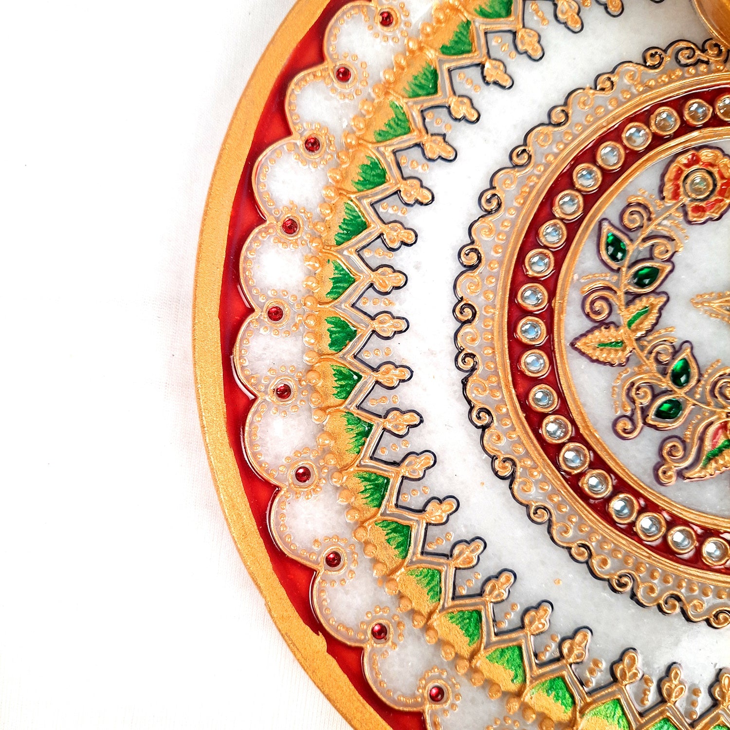 Marble Puja Thali With Diya  / Bowl | Aarti Plate With Intricate Detailing & Peacock Design - For Pooja, Weddings, Temple, Rakhi, Karwachauth & Festival Decor - 9 Inch