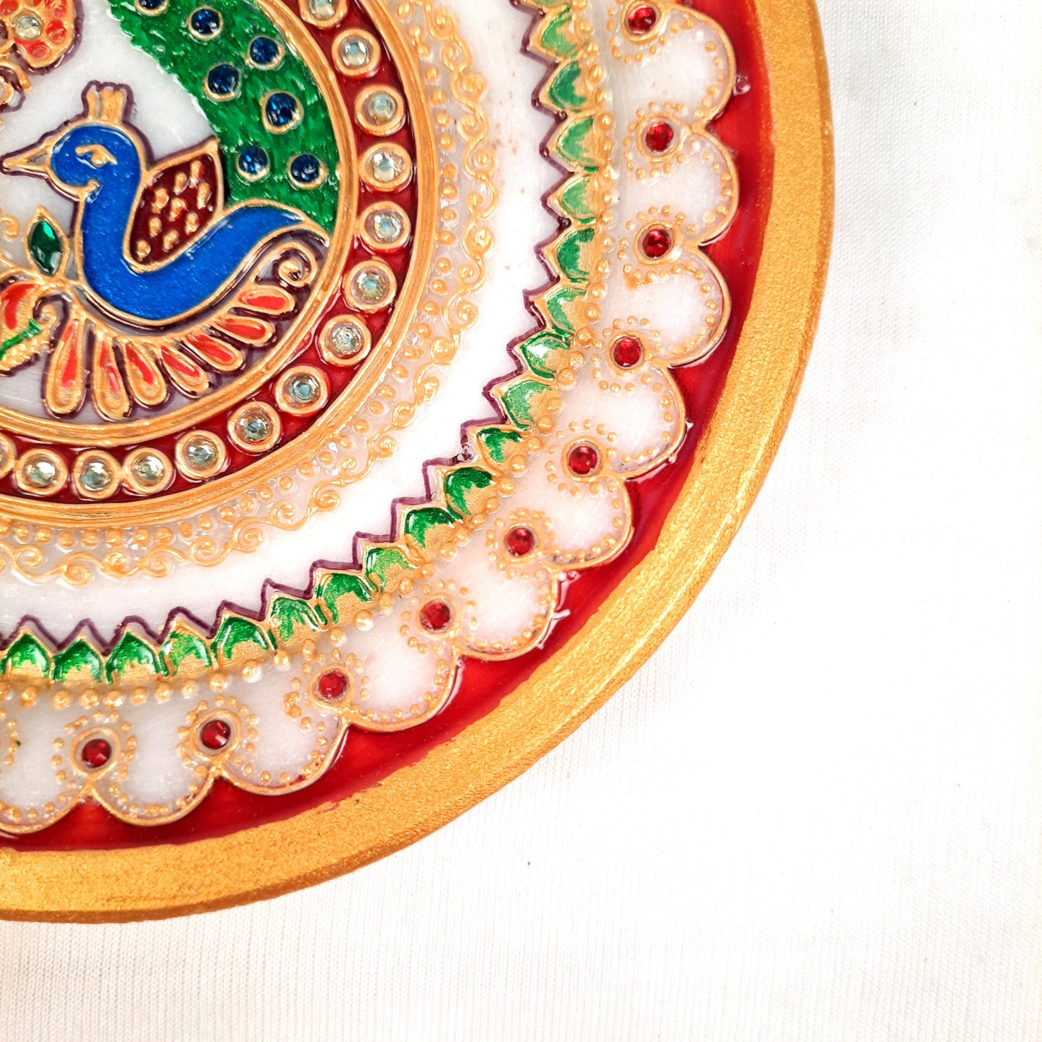 Marble Puja Thali | Aarti Plate with Intricate Detailing & Peacock Design - for Pooja, Weddings, Temple, Rakhi, Karwachauth & Festival Decor - 6 Inch