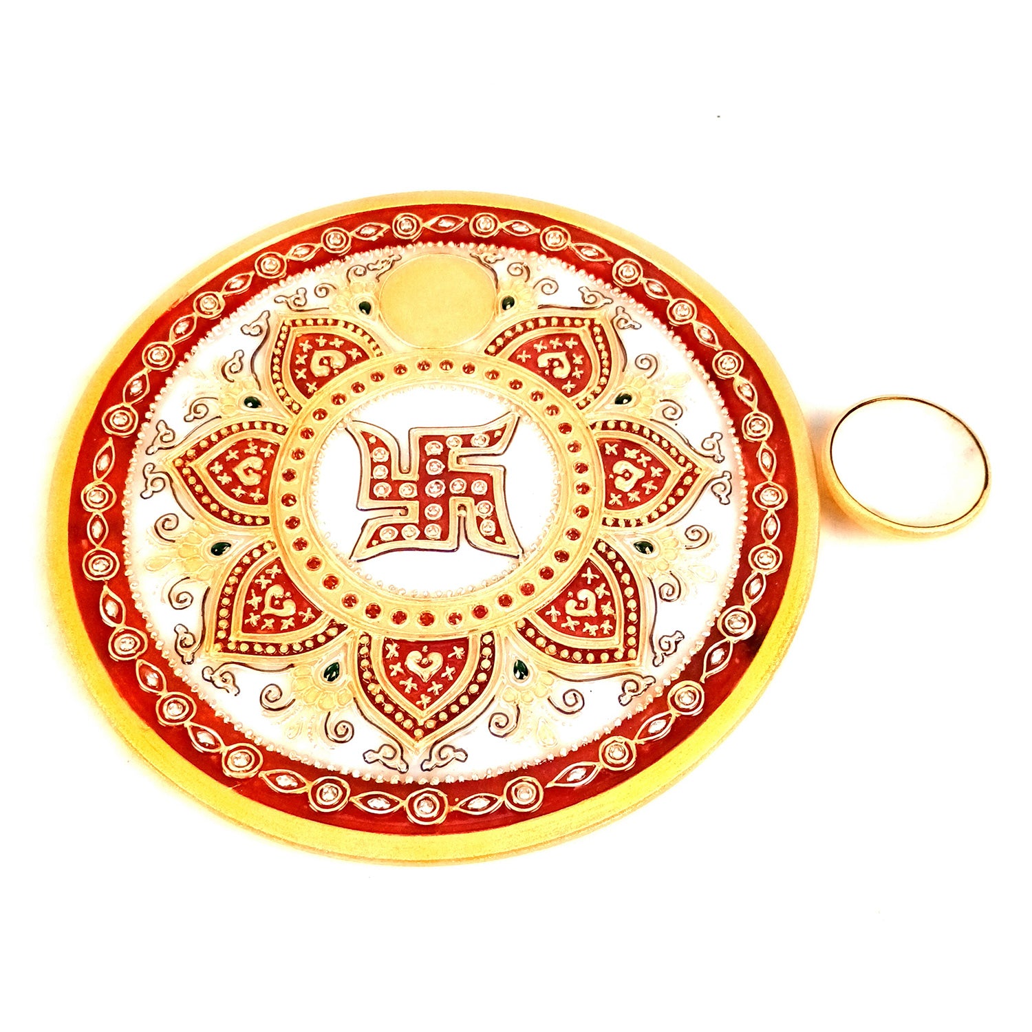 Marble Puja Thali With Diya / Bowl | Aarti Plate With Intricate Detailing & Swastik Design - For Pooja, Weddings, Temple, Rakhi, Karwachauth & Festival Decor - 9 Inch - Apkamart