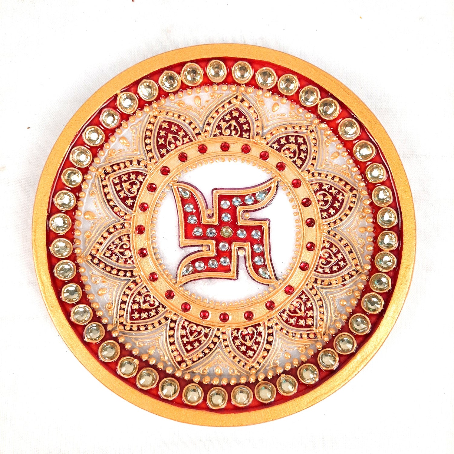 Marble Pooja Plate | Aarti Thali with Intricate Detailing & Swastik Design - for Pooja, Weddings, Temple, Rakhi, Karwachauth & Festival Decor - 6 Inch - apkamart