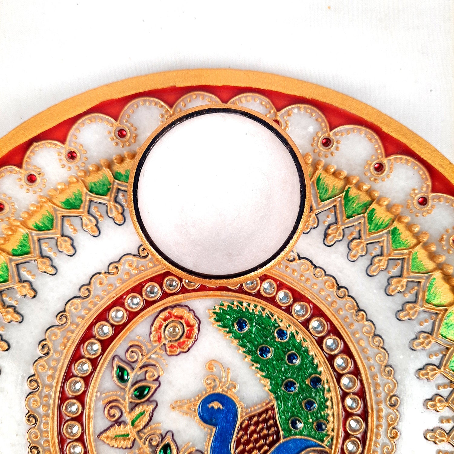 Marble Puja Thali With Diya  / Bowl | Aarti Plate With Intricate Detailing & Peacock Design - For Pooja, Weddings, Temple, Rakhi, Karwachauth & Festival Decor - 9 Inch