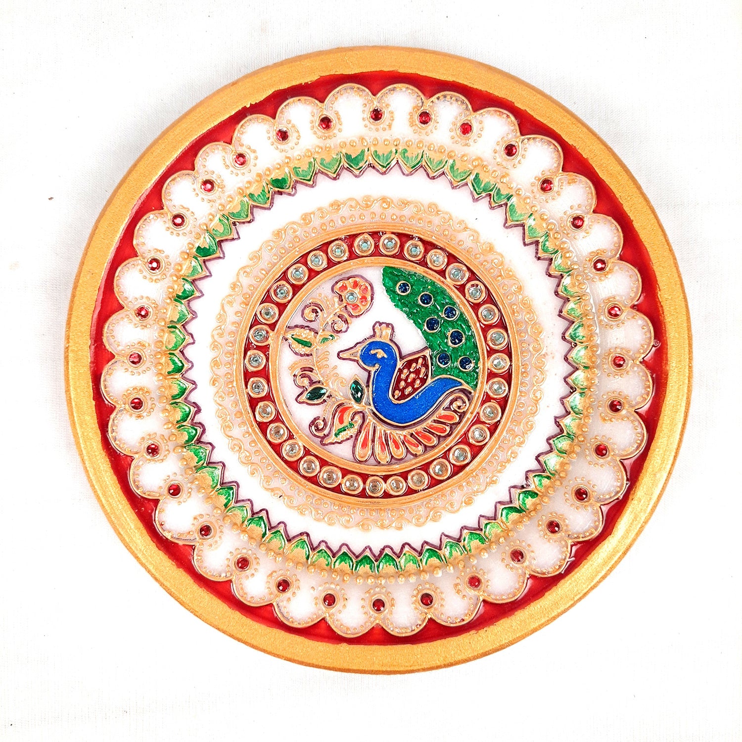 Marble Puja Thali | Aarti Plate with Intricate Detailing & Peacock Design - for Pooja, Weddings, Temple, Rakhi, Karwachauth & Festival Decor - 6 Inch