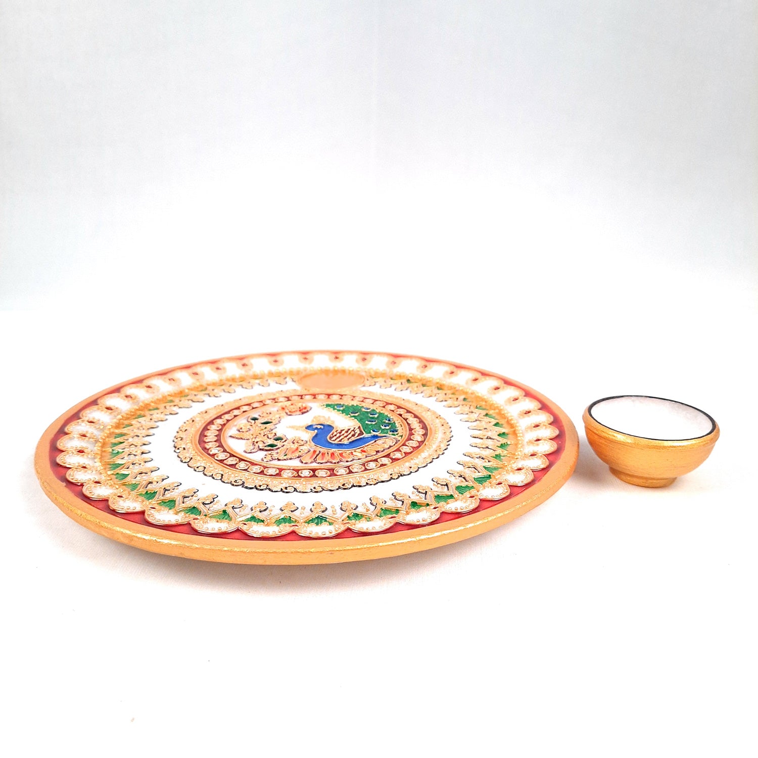 Marble Puja Thali With Diya  / Bowl | Aarti Plate With Intricate Detailing & Peacock Design - For Pooja, Weddings, Temple, Rakhi, Karwachauth & Festival Decor - 9 Inch