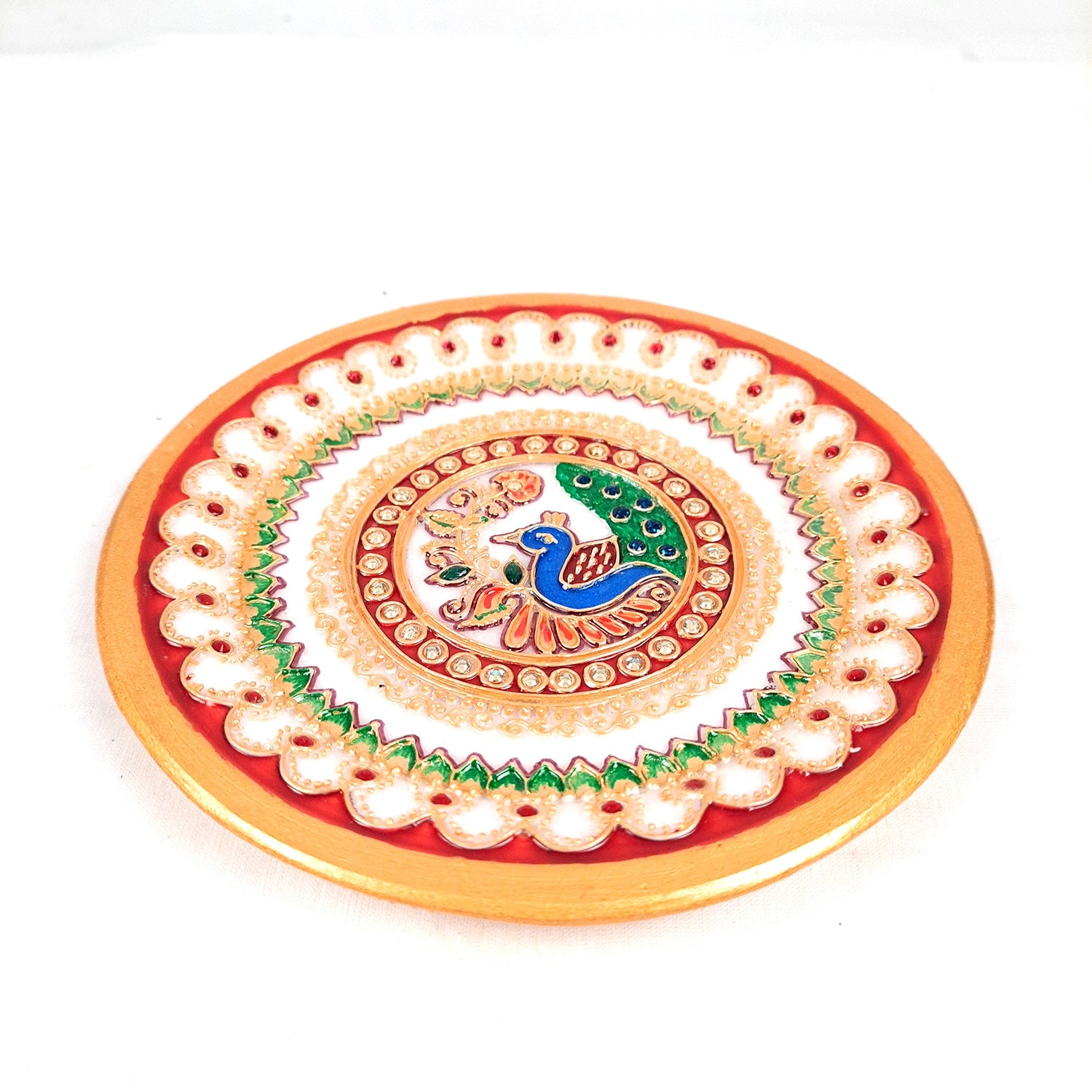 Marble Puja Thali | Aarti Plate with Intricate Detailing & Peacock Design - for Pooja, Weddings, Temple, Rakhi, Karwachauth & Festival Decor - 6 Inch