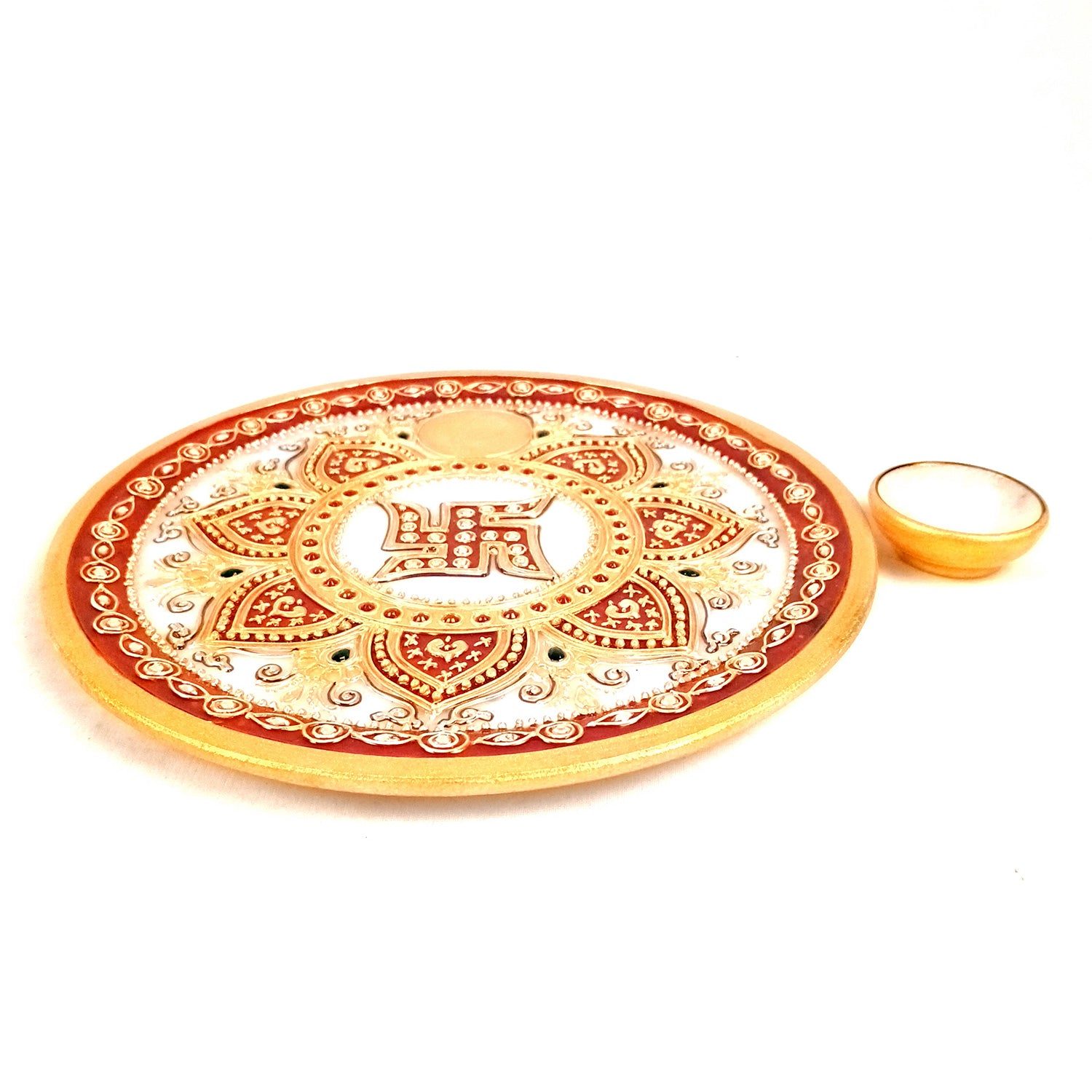 Marble Puja Thali With Diya / Bowl | Aarti Plate With Intricate Detailing & Swastik Design - For Pooja, Weddings, Temple, Rakhi, Karwachauth & Festival Decor - 9 Inch - Apkamart