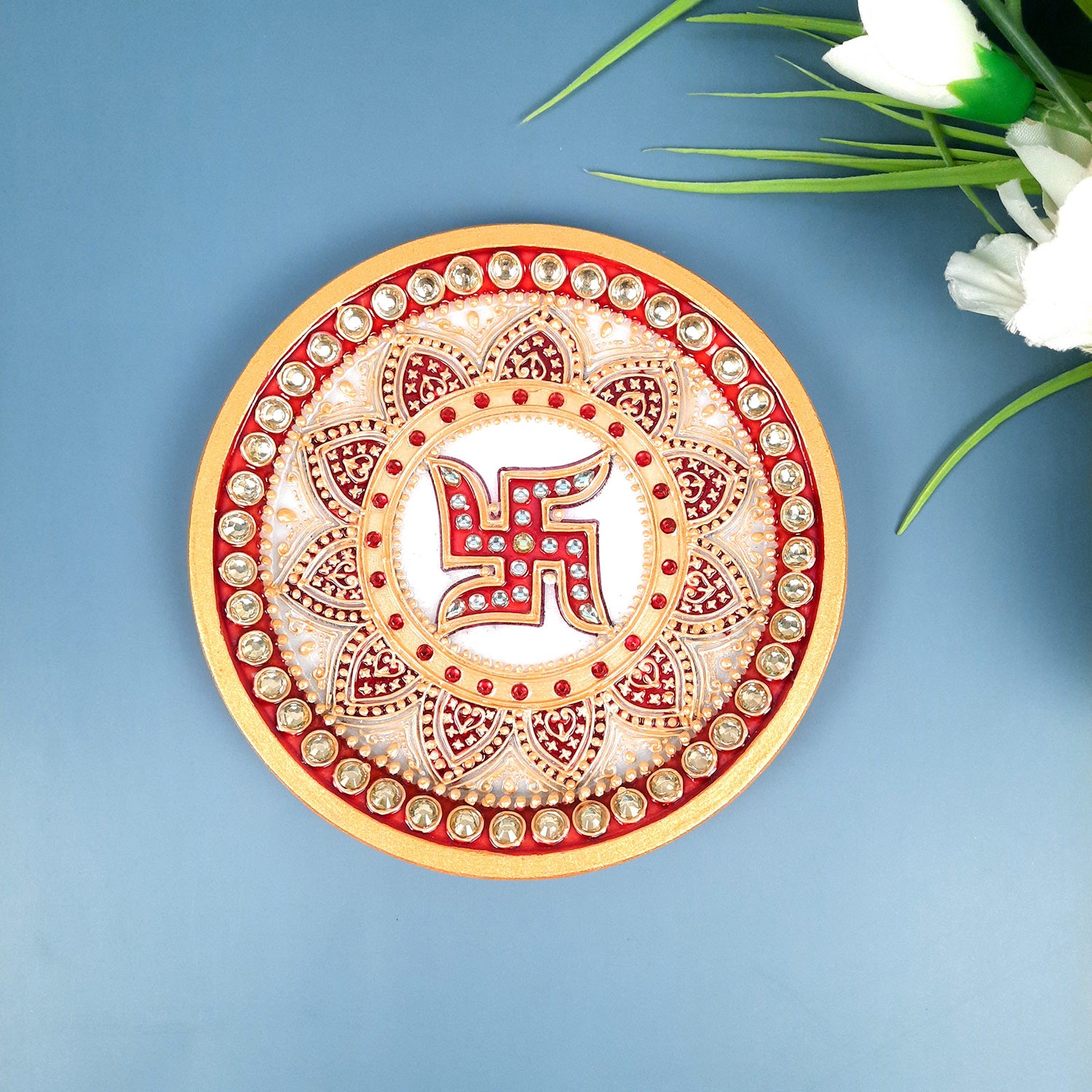 Marble Pooja Plate | Aarti Thali with Intricate Detailing & Swastik Design - for Pooja, Weddings, Temple, Rakhi, Karwachauth & Festival Decor - 6 Inch - apkamart