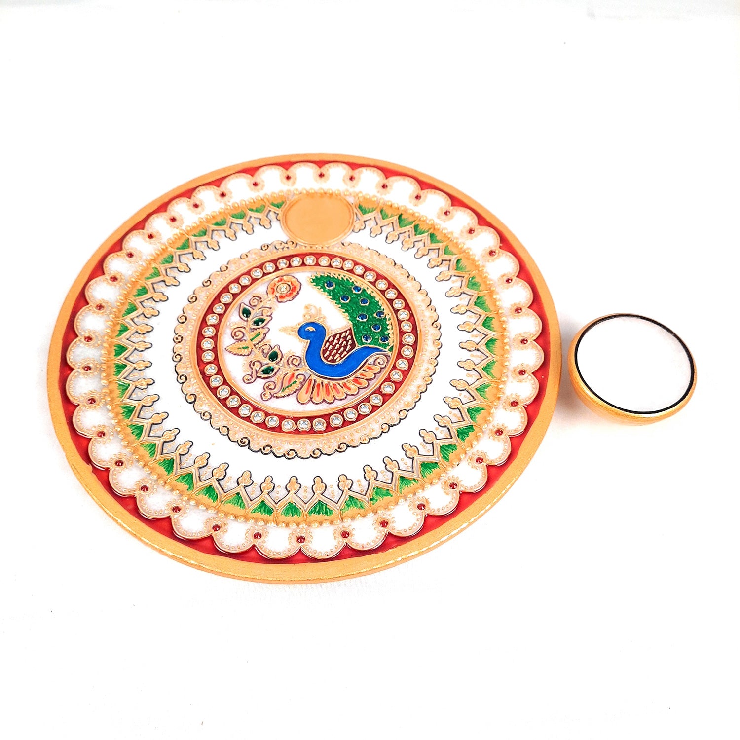 Marble Puja Thali With Diya  / Bowl | Aarti Plate With Intricate Detailing & Peacock Design - For Pooja, Weddings, Temple, Rakhi, Karwachauth & Festival Decor - 9 Inch