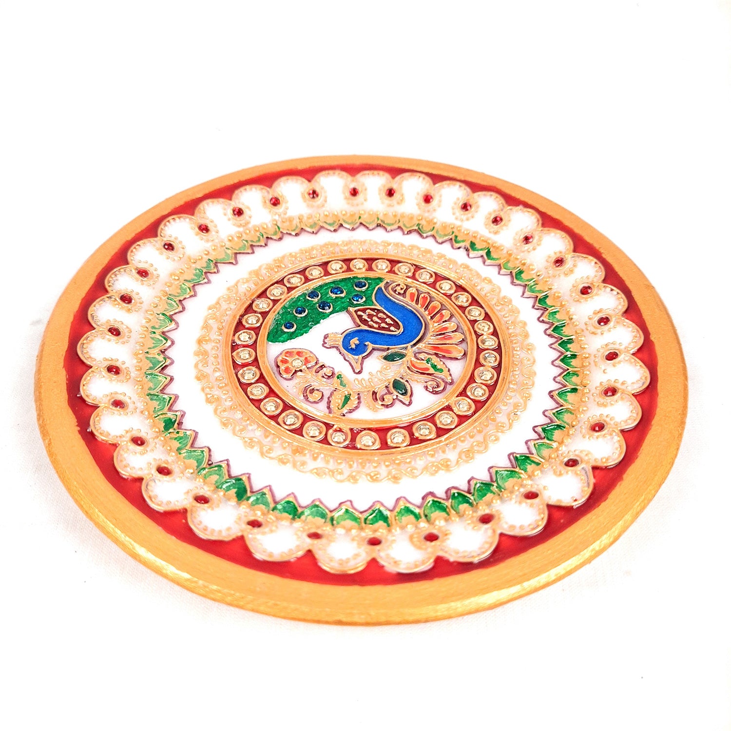 Marble Puja Thali | Aarti Plate with Intricate Detailing & Peacock Design - for Pooja, Weddings, Temple, Rakhi, Karwachauth & Festival Decor - 6 Inch