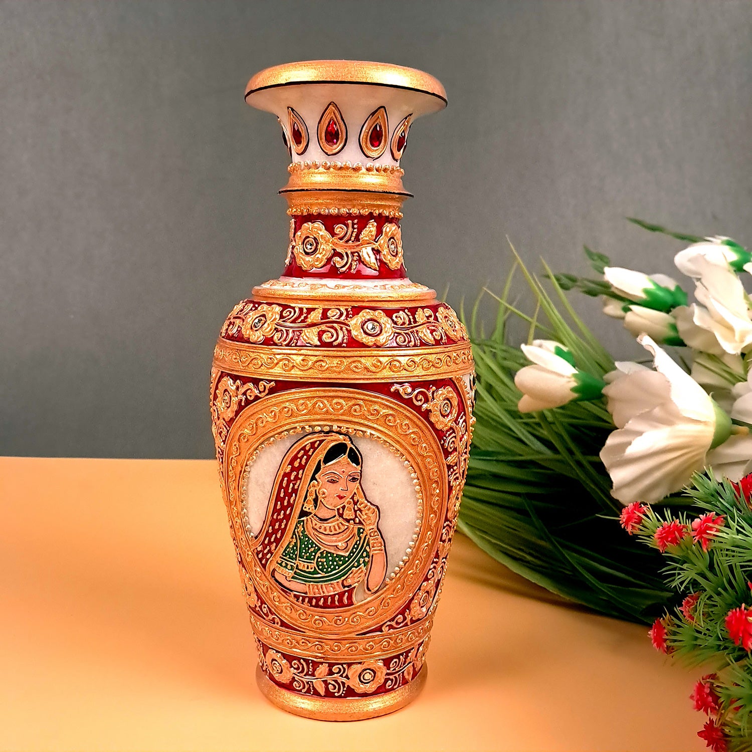 Flower Vase | Pots for Flowers - Marble With Intricate Handwork, Rich Detailing And Woman Design - For Tabletop, Living Room, Home & Office Decoration | Centerpiece for Table Decoration |Vases for Gifts - 9 Inch - Apkamart