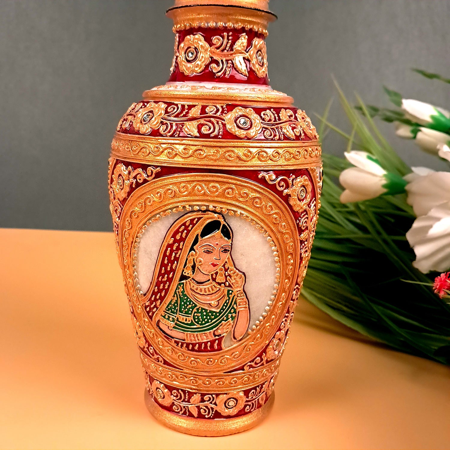 Flower Vase | Pots for Flowers - Marble With Intricate Handwork, Rich Detailing And Woman Design - For Tabletop, Living Room, Home & Office Decoration | Centerpiece for Table Decoration |Vases for Gifts - 9 Inch - Apkamart