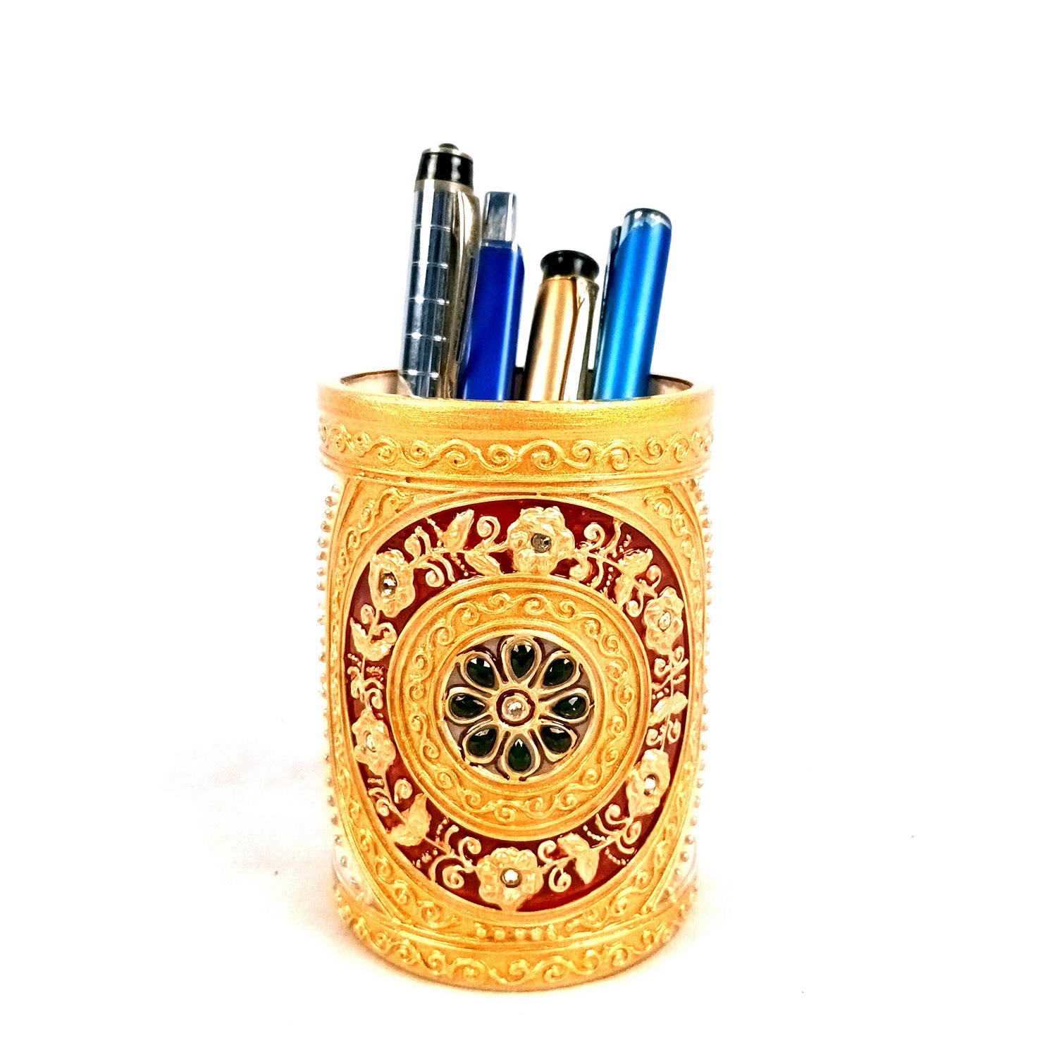 Multipurpose Holder for Cutlery, Napkin | Marble Decorative Stand with Heavy Golden Emboss & Kundan Work - for Home, Office, Table, Dining, Kitchen Decor & Gifts - 4 Inch - Apkamart #Style_Design 1