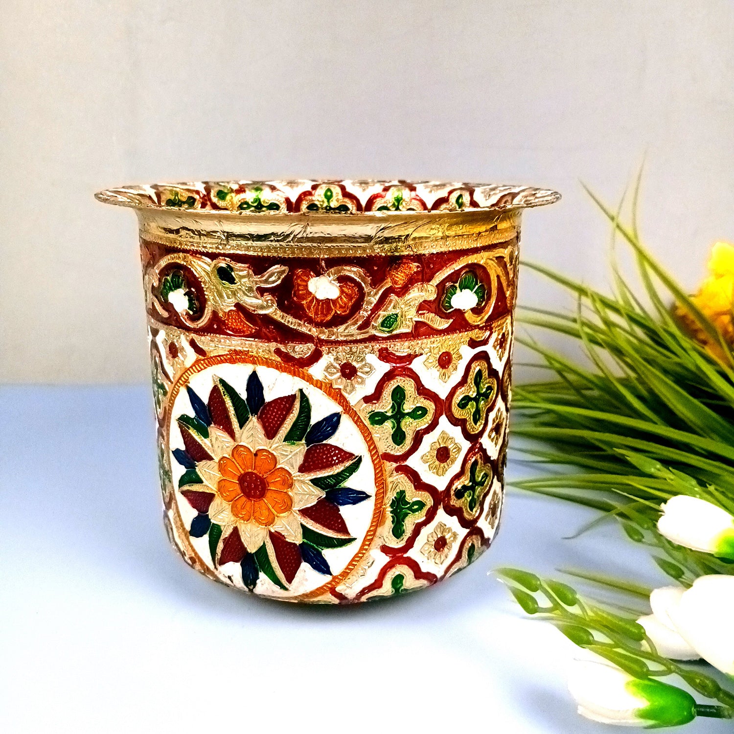 Stainless Steel Container - Meenakari Work | Decorative Storage Tapeli/Bhagona for Wedding Gifts Packing - 7 Inch - Apkamart #Size_7 Inch