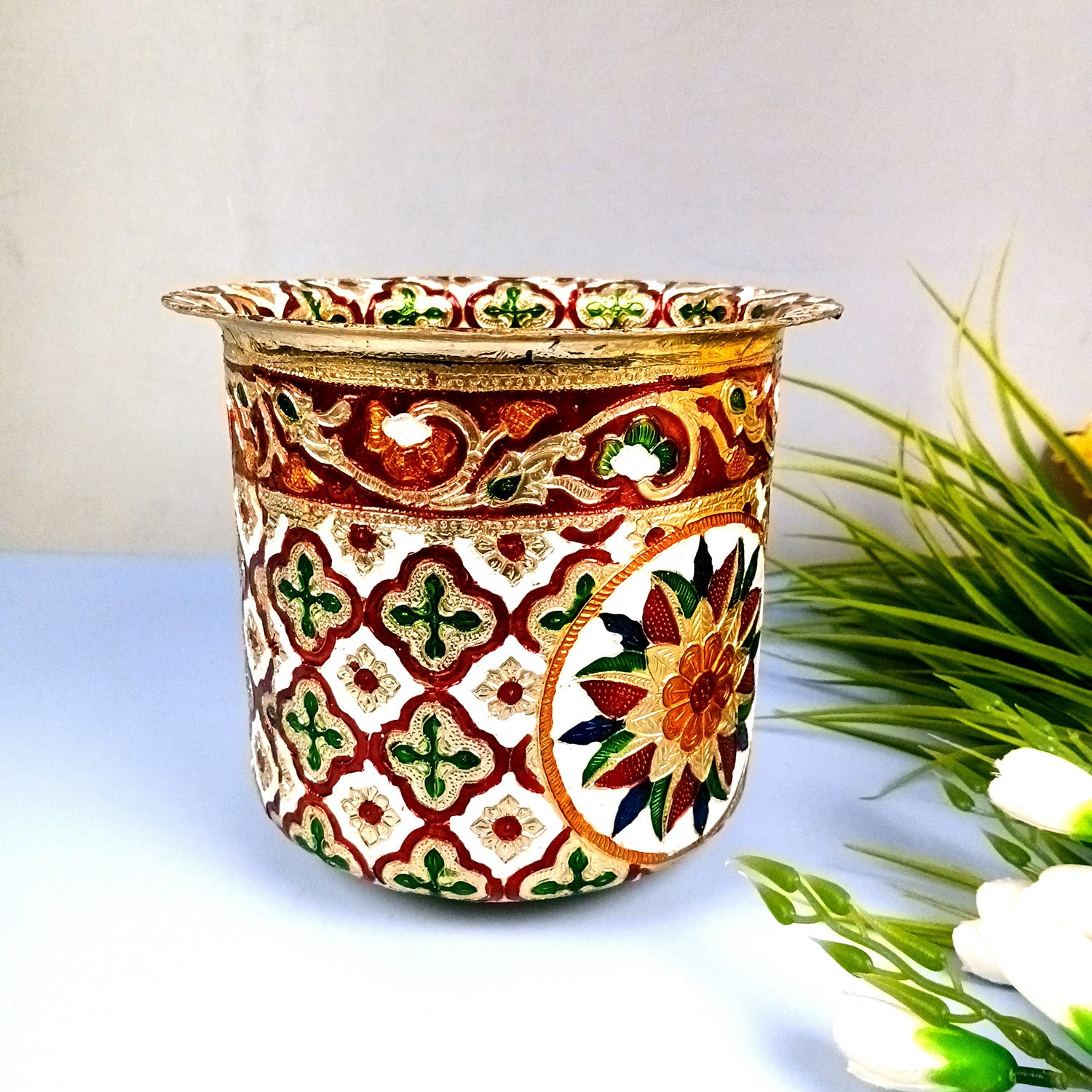 Stainless Steel Container - Meenakari Work | Decorative Storage Tapeli/Bhagona for Wedding Gifts Packing - 7 Inch - Apkamart #Size_7 Inch