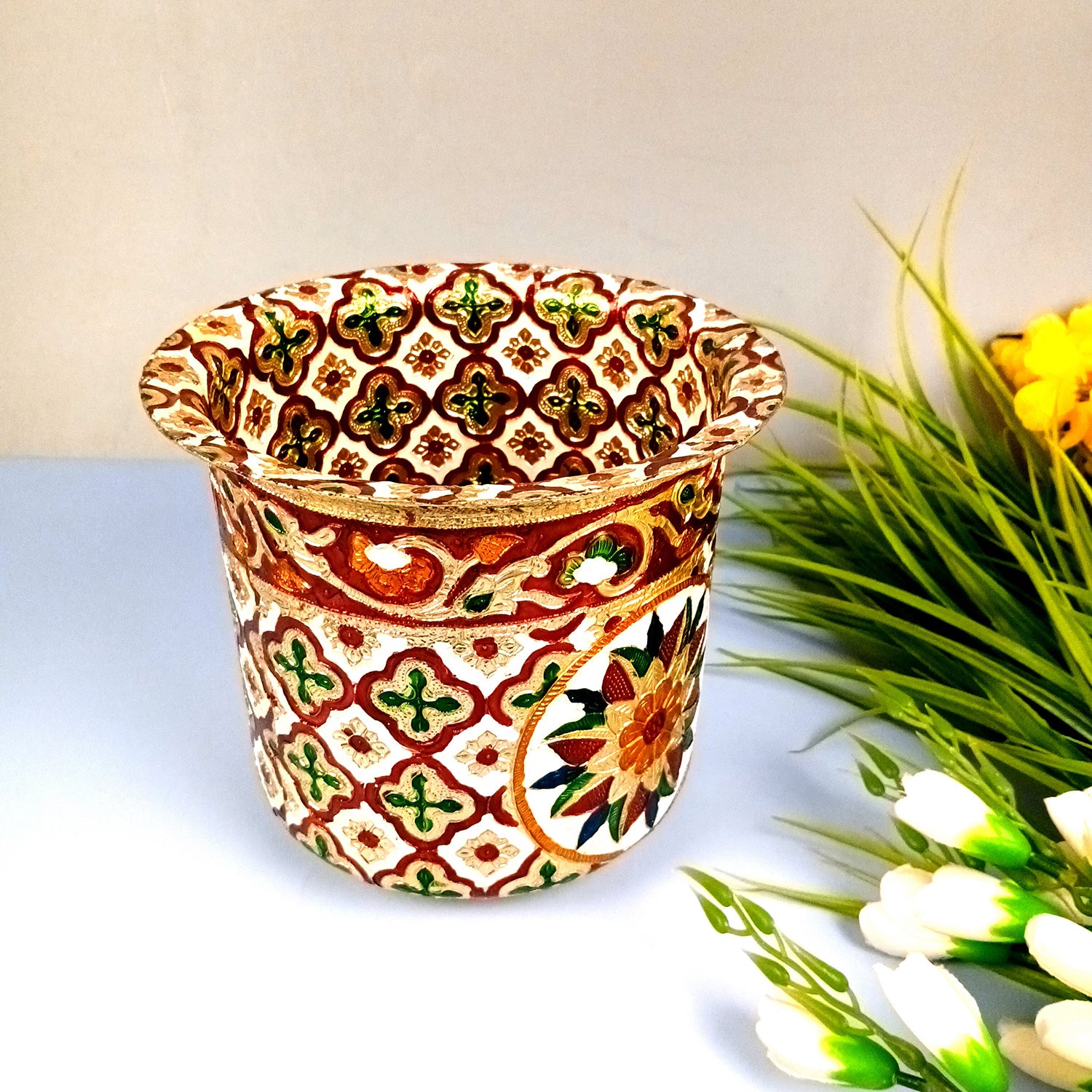 Stainless Steel Container - Meenakari Work | Decorative Storage Tapeli/Bhagona for Wedding Gifts Packing - 7 Inch - Apkamart #Size_7 Inch