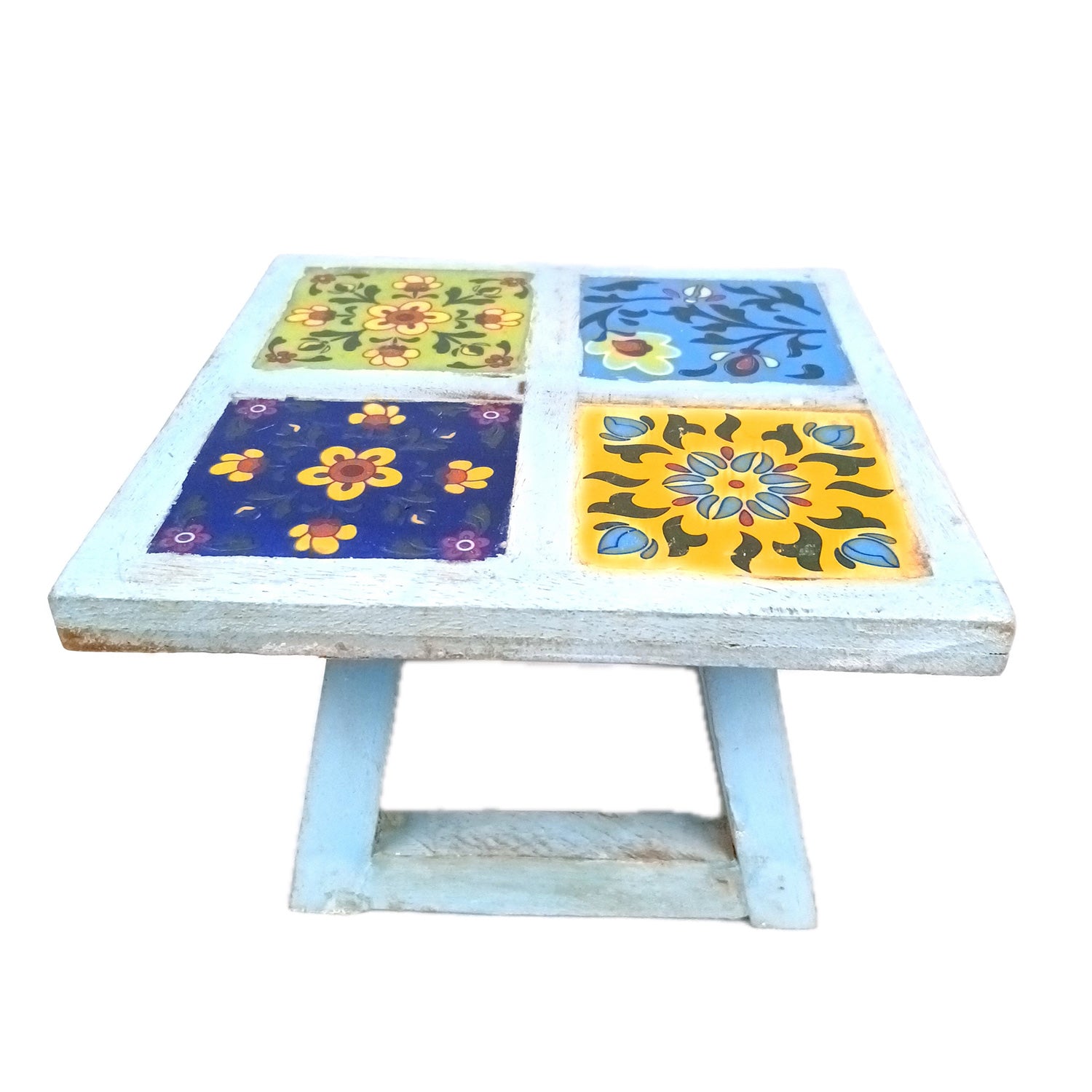 Wooden Mini Table Stand With Ceramic Tile Top | Multi-Purpose Small Stool - Perfect for Decor, Showpieces, Plant Display, Cake Stand, or Laptop Table - 7 Inch -Apkamart #Color_Blue