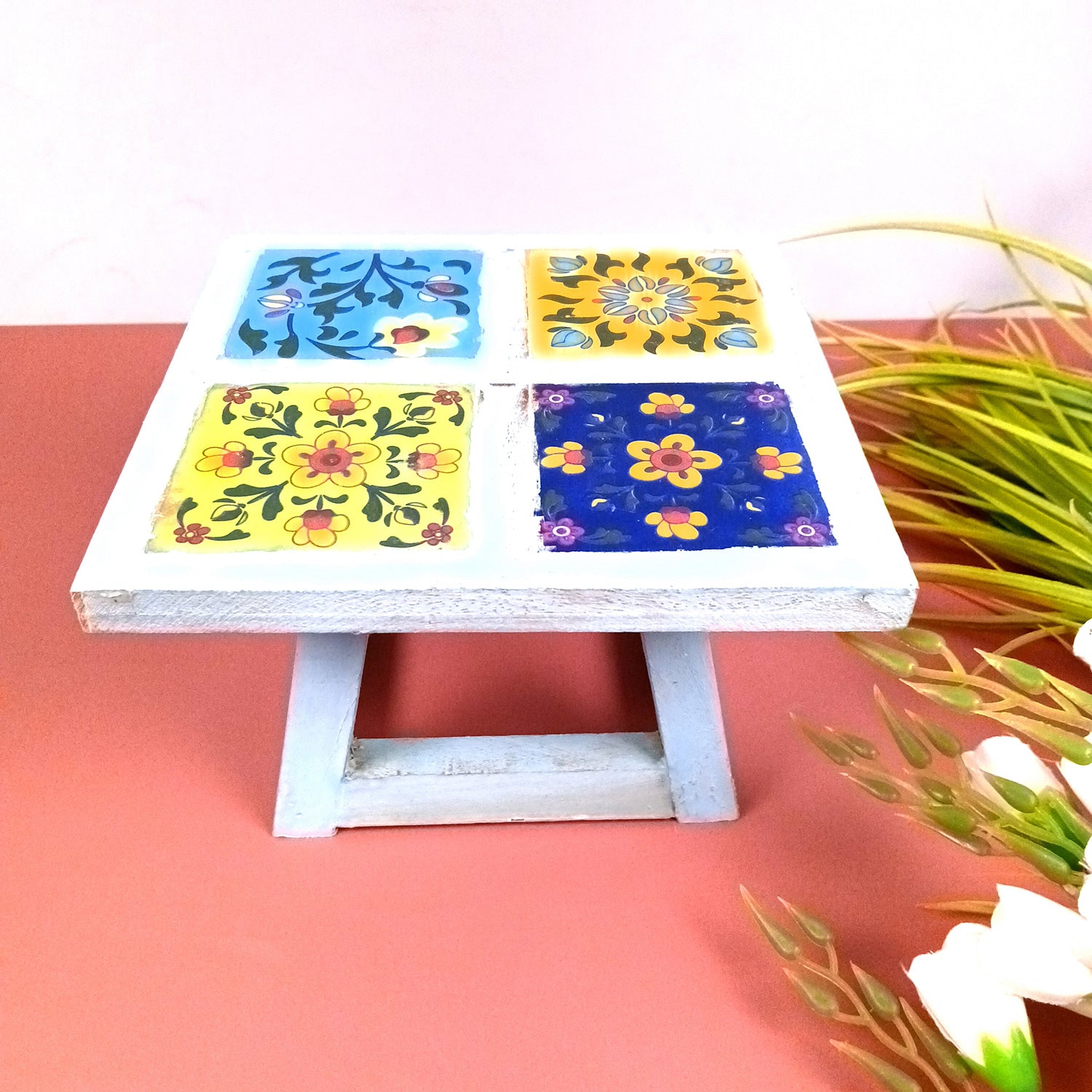 Wooden Mini Table Stand With Ceramic Tile Top | Multi-Purpose Small Stool - Perfect for Decor, Showpieces, Plant Display, Cake Stand, or Laptop Table - 7 Inch -Apkamart #Color_Blue