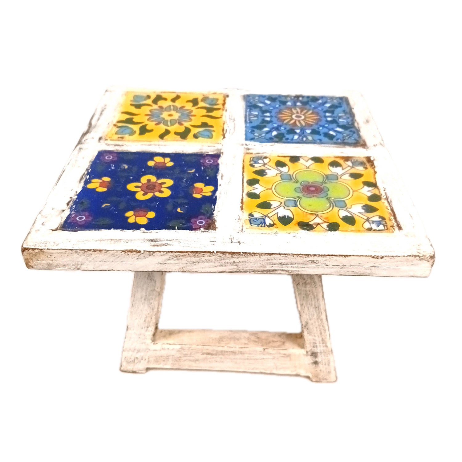 Wooden Mini Table Stand With Ceramic Tile Top | Multi-Purpose Small Stool - Perfect for Decor, Showpieces, Plant Display, Cake Stand, or Laptop Table - 7 Inch -Apkamart #Color_White