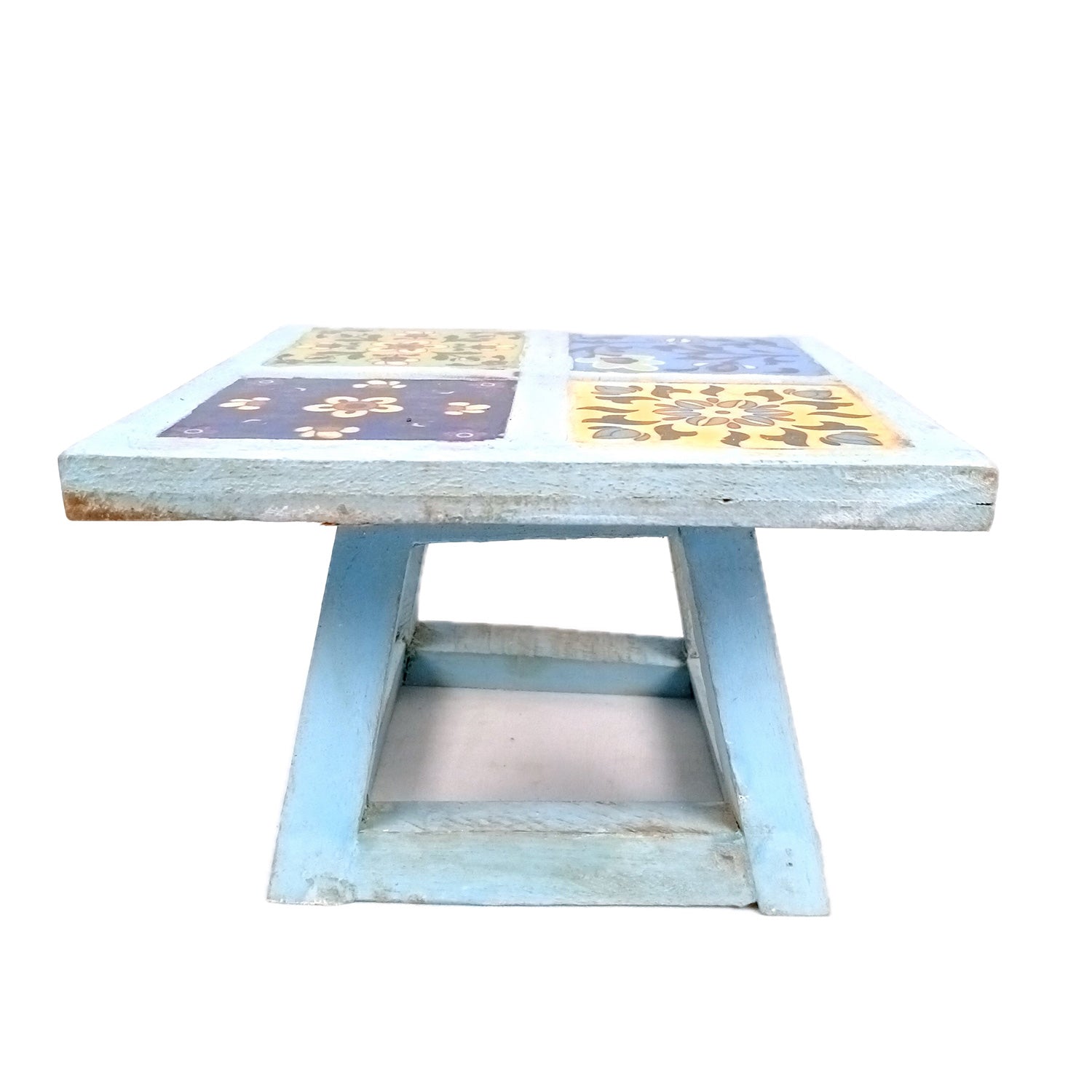 Wooden Mini Table Stand With Ceramic Tile Top | Multi-Purpose Small Stool - Perfect for Decor, Showpieces, Plant Display, Cake Stand, or Laptop Table - 7 Inch -Apkamart #Color_Blue