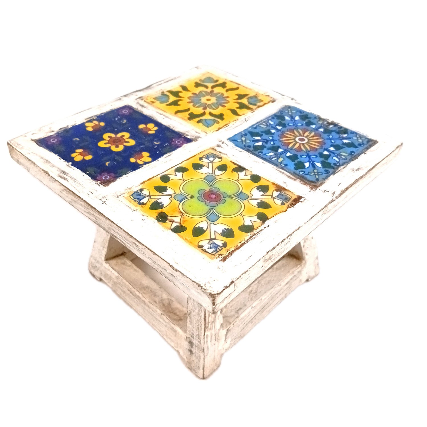 Wooden Mini Table Stand With Ceramic Tile Top | Multi-Purpose Small Stool - Perfect for Decor, Showpieces, Plant Display, Cake Stand, or Laptop Table - 7 Inch -Apkamart #Color_White