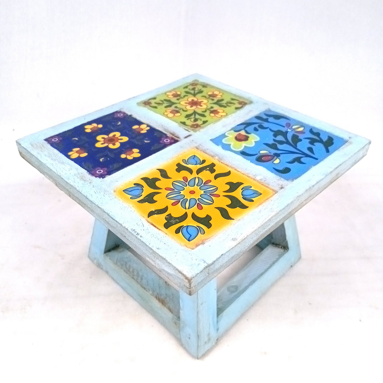 Wooden Mini Table Stand With Ceramic Tile Top | Multi-Purpose Small Stool - Perfect for Decor, Showpieces, Plant Display, Cake Stand, or Laptop Table - 7 Inch -Apkamart #Color_Blue