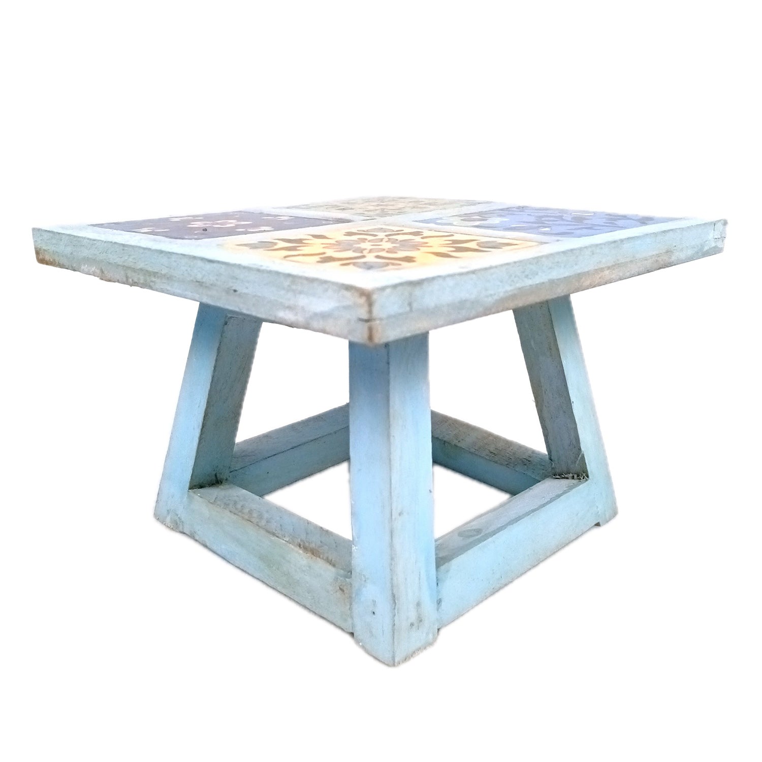 Wooden Mini Table Stand With Ceramic Tile Top | Multi-Purpose Small Stool - Perfect for Decor, Showpieces, Plant Display, Cake Stand, or Laptop Table - 7 Inch -Apkamart #Color_Blue