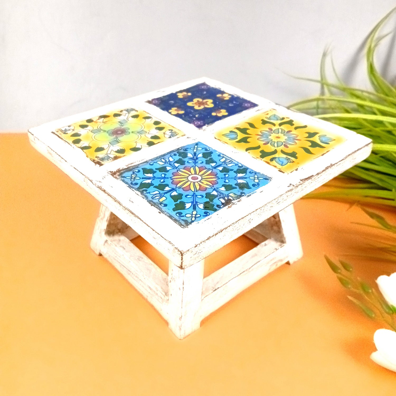 Wooden Mini Table Stand With Ceramic Tile Top | Multi-Purpose Small Stool - Perfect for Decor, Showpieces, Plant Display, Cake Stand, or Laptop Table - 7 Inch -Apkamart #Color_White