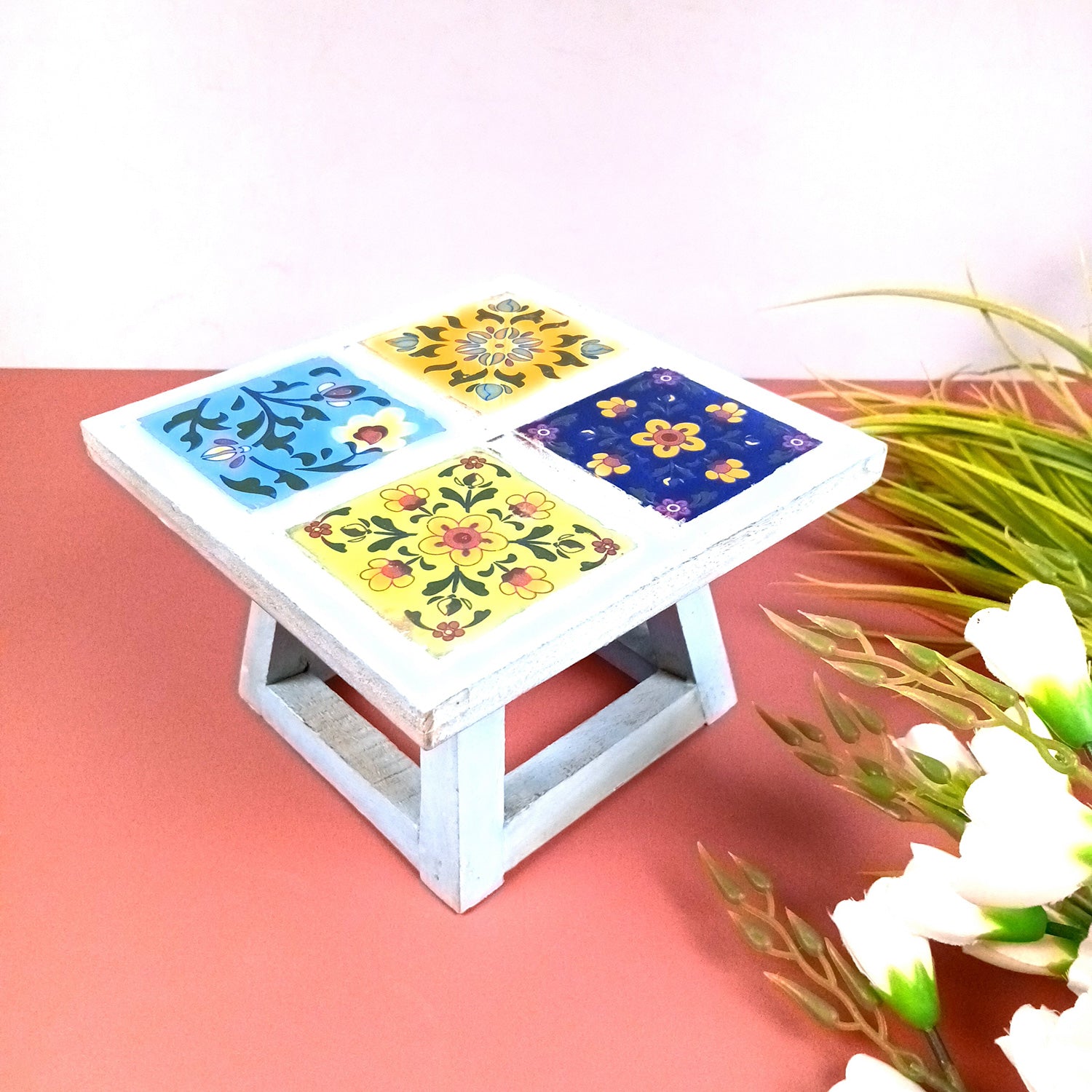 Wooden Mini Table Stand With Ceramic Tile Top | Multi-Purpose Small Stool - Perfect for Decor, Showpieces, Plant Display, Cake Stand, or Laptop Table - 7 Inch -Apkamart #Color_Blue