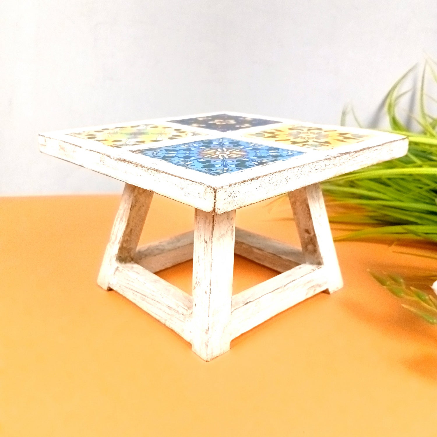 Wooden Mini Table Stand With Ceramic Tile Top | Multi-Purpose Small Stool - Perfect for Decor, Showpieces, Plant Display, Cake Stand, or Laptop Table - 7 Inch -Apkamart #Color_White