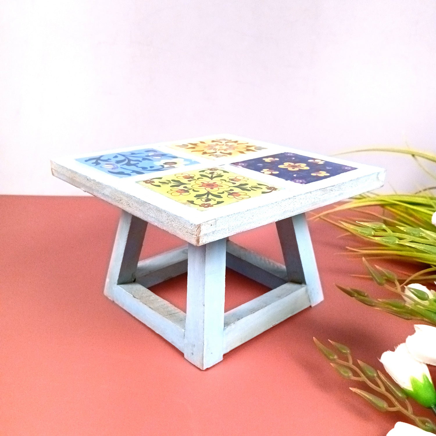 Wooden Mini Table Stand With Ceramic Tile Top | Multi-Purpose Small Stool - Perfect for Decor, Showpieces, Plant Display, Cake Stand, or Laptop Table - 7 Inch -Apkamart #Color_Blue