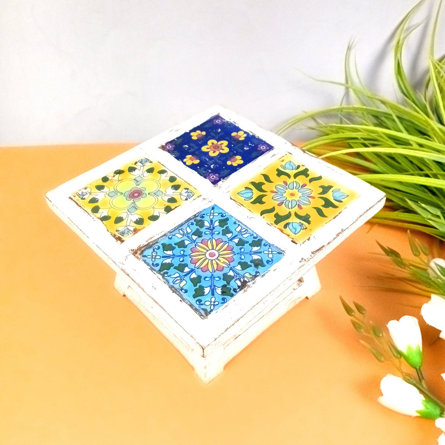 Wooden Mini Table Stand With Ceramic Tile Top | Multi-Purpose Small Stool - Perfect for Decor, Showpieces, Plant Display, Cake Stand, or Laptop Table - 7 Inch -Apkamart #Color_White