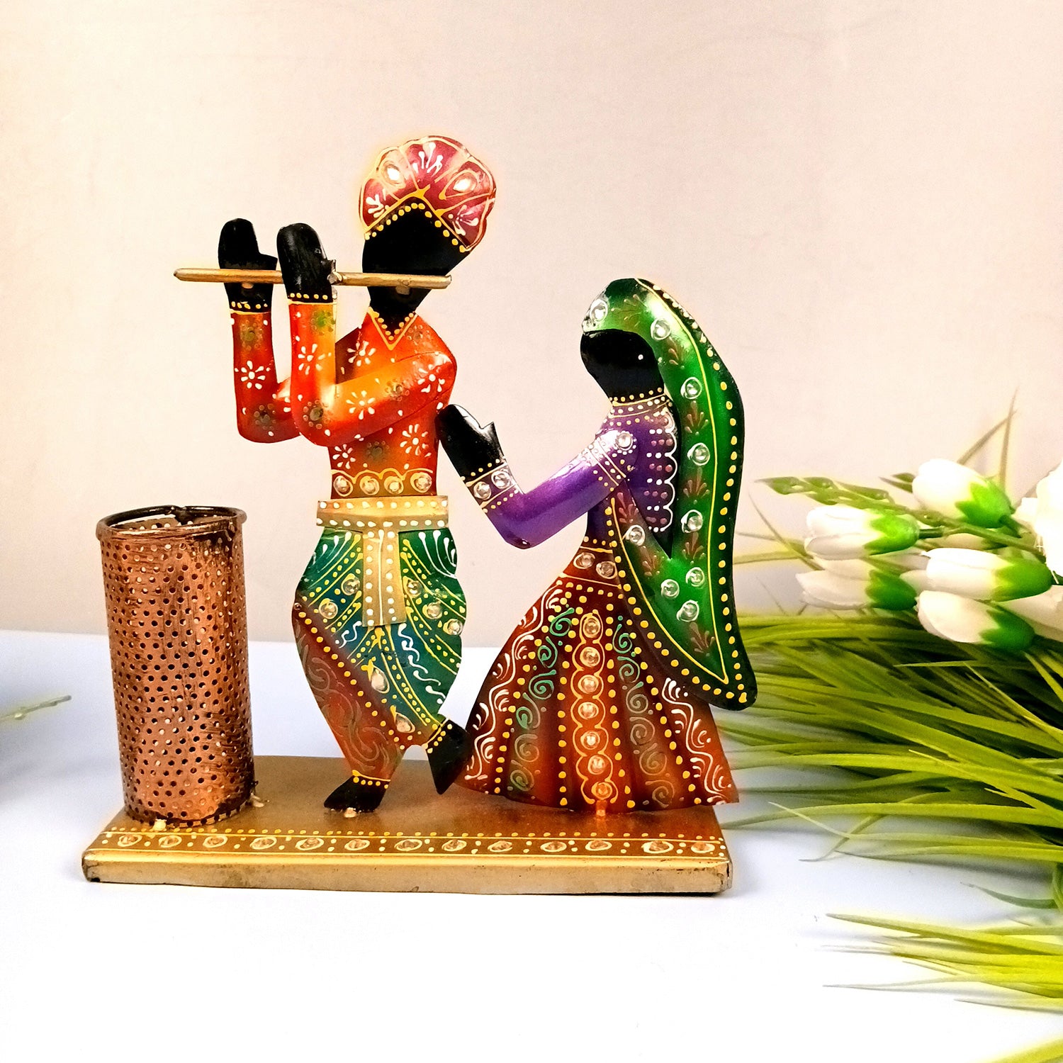 Radha Krishna Pen Holder | Desk Organizer | Multipurpose Holders Stand - For Stationary Gifts, Table, Desk Organizing, Home, Office Decor & Corporate Gifts - apkamart