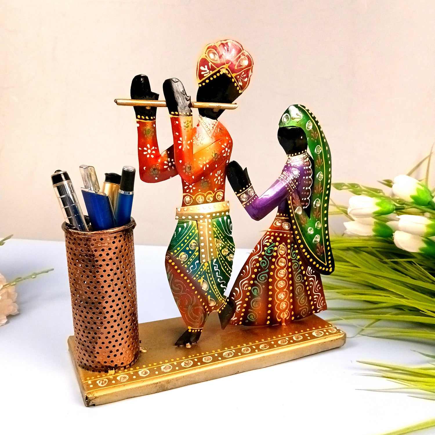 Radha Krishna Pen Holder | Desk Organizer | Multipurpose Holders Stand - For Stationary Gifts, Table, Desk Organizing, Home, Office Decor & Corporate Gifts - apkamart