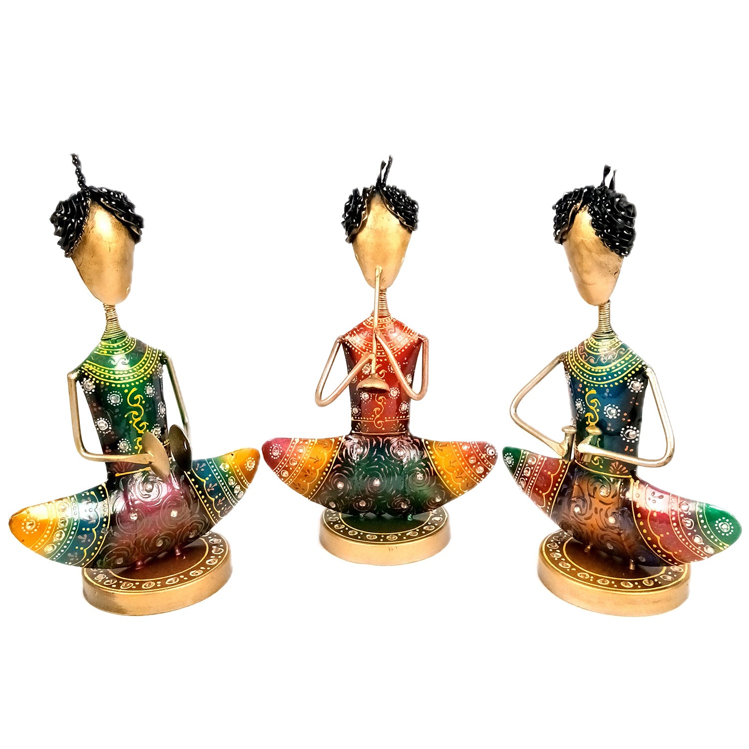 Showpiece Figurine - Rajasthani Musician Design | Decorative Show piece With Kundan Work - for Home, Bedroom, Living Room, Office Desk & Table Decor | Gifts For Wedding, Housewarming & Festivals -12 Inch (Set of 3) - Apkamart #Style_Design 1